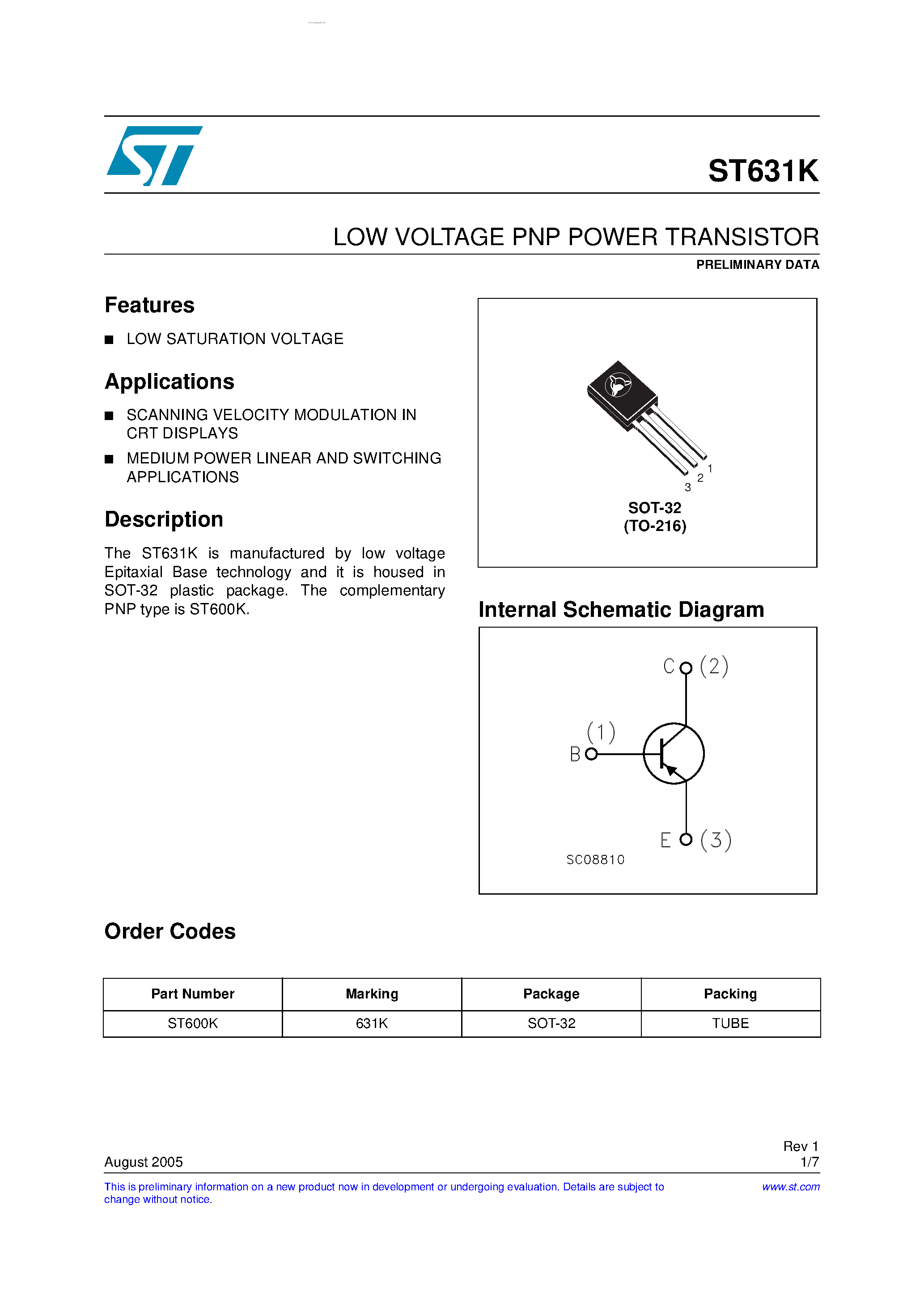 Datasheet ST631K - LOW VOLTAGE PNP POWER TRANSISTOR page 1