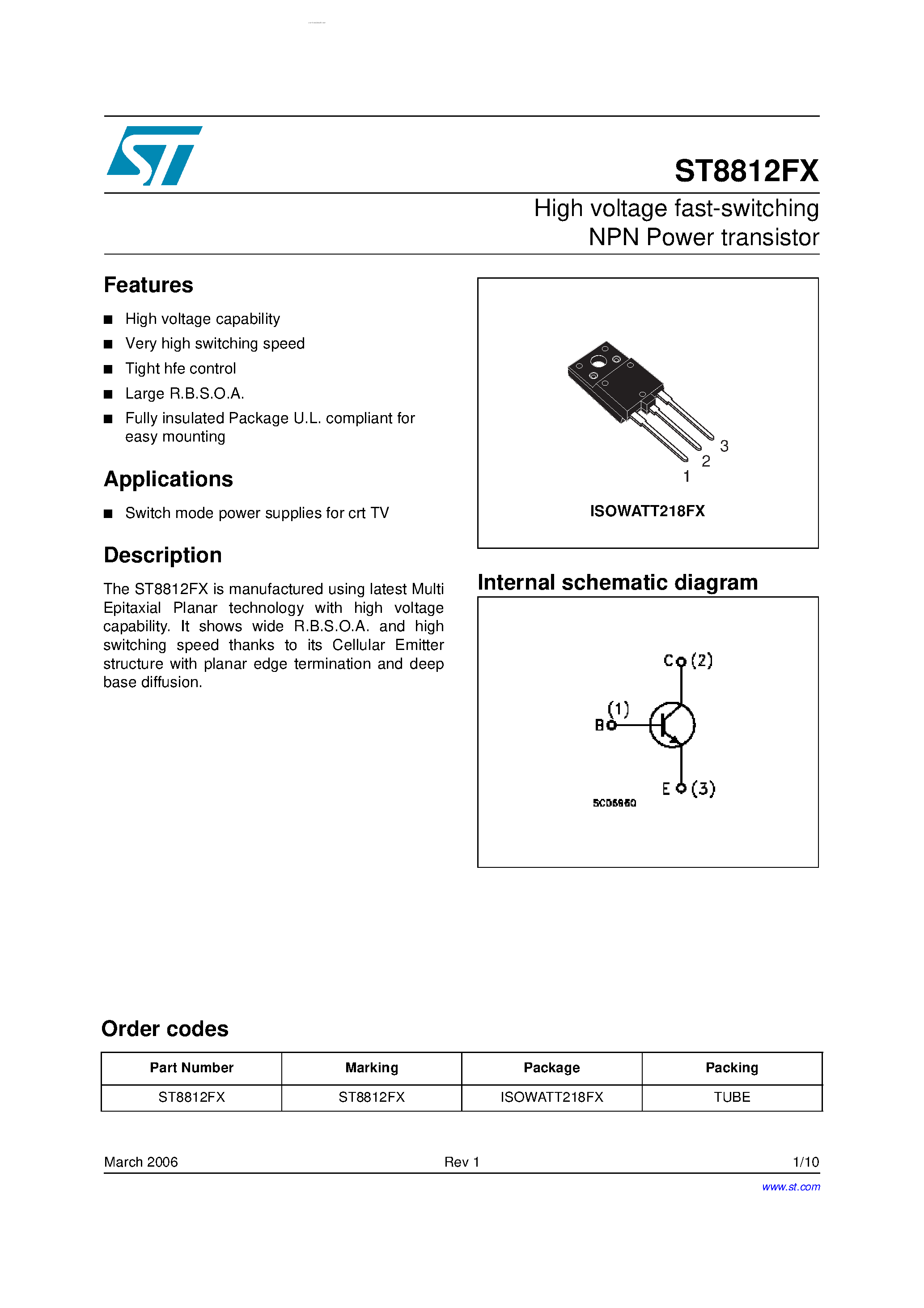 Даташит ST8812FX - High voltage fast-switching NPN Power transistor страница 1