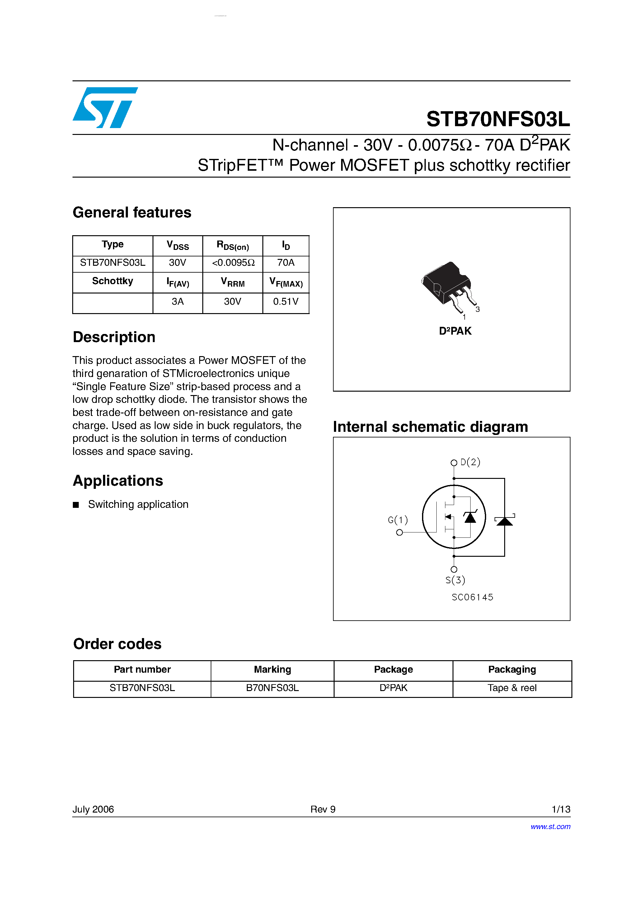Даташит STB70NFS03L - N-channel Power MOSFET страница 1