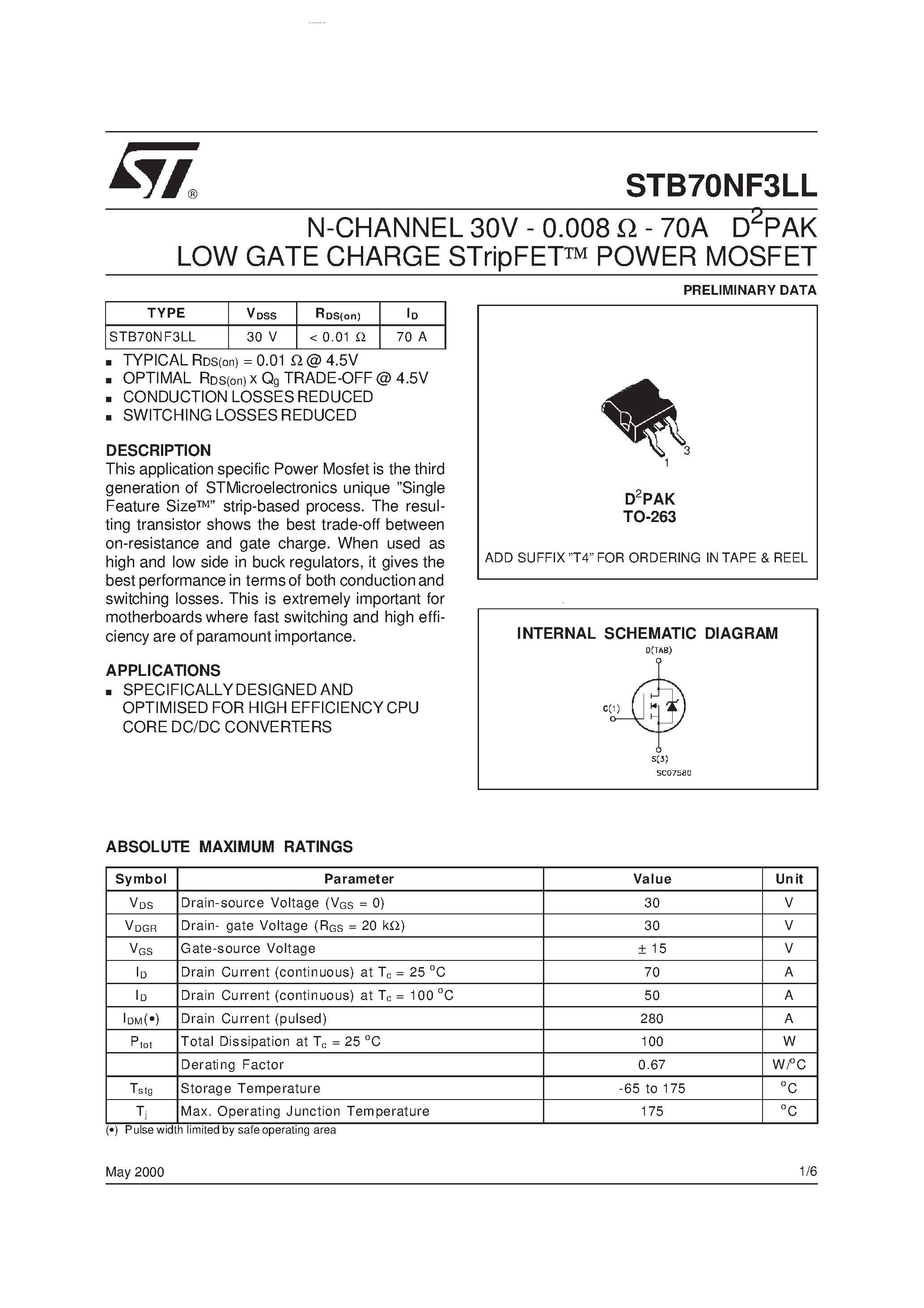 Даташит STB70NF3LL - N-channel Power MOSFET страница 1