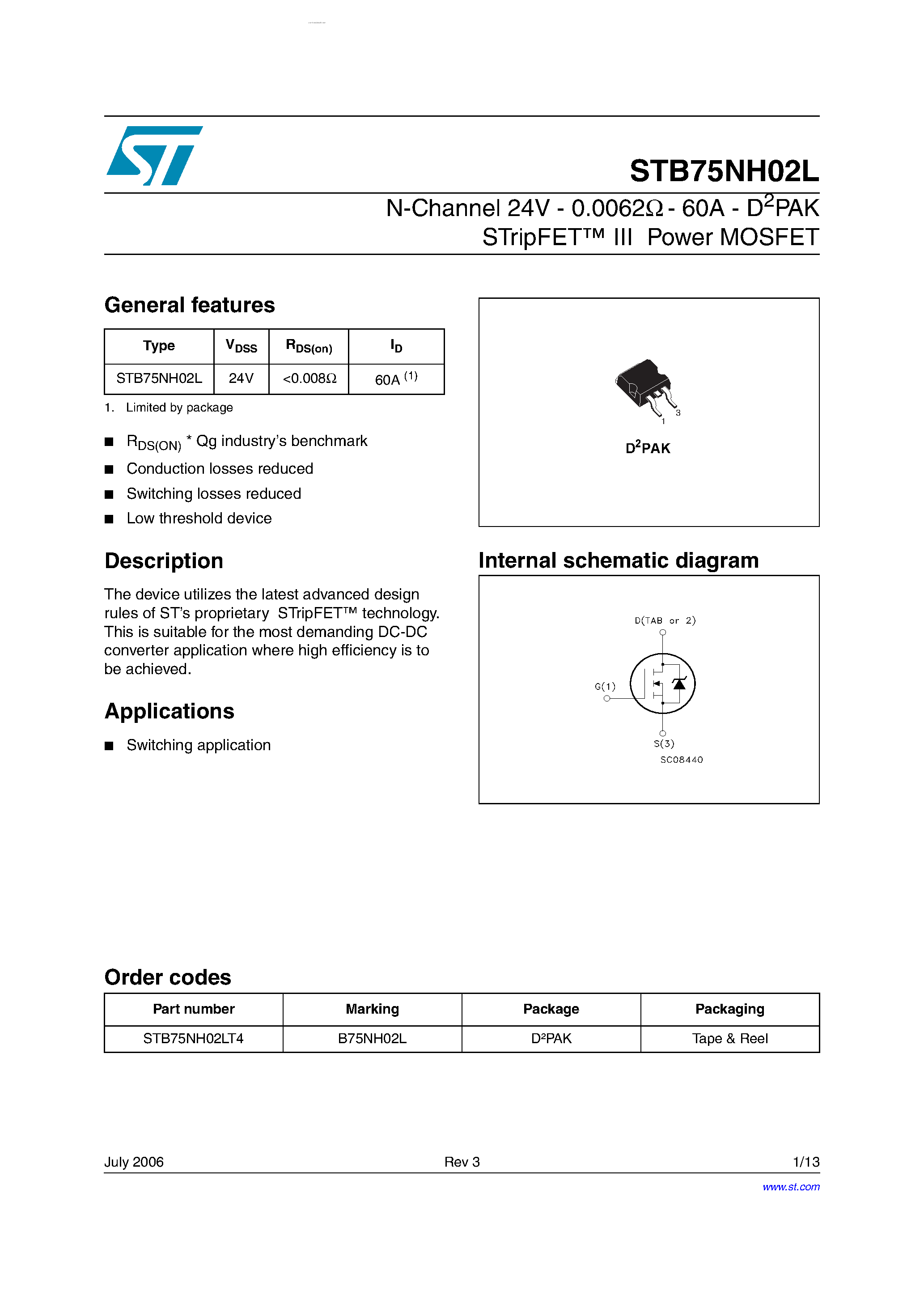 Datasheet STB75NH02L - N-channel Power MOSFET page 1