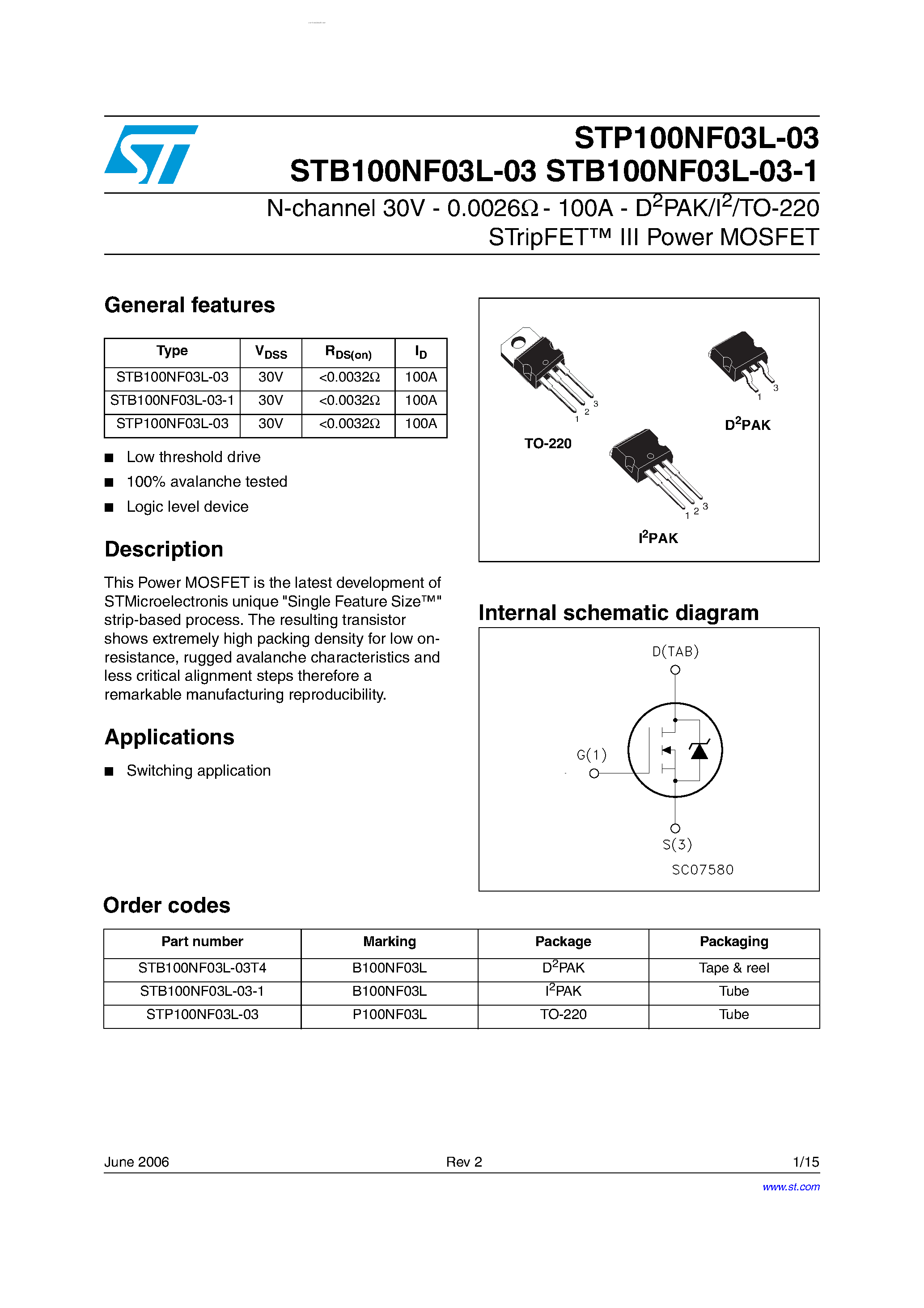 Даташит STP100NF03L-03 - N-channel Power MOSFET страница 1