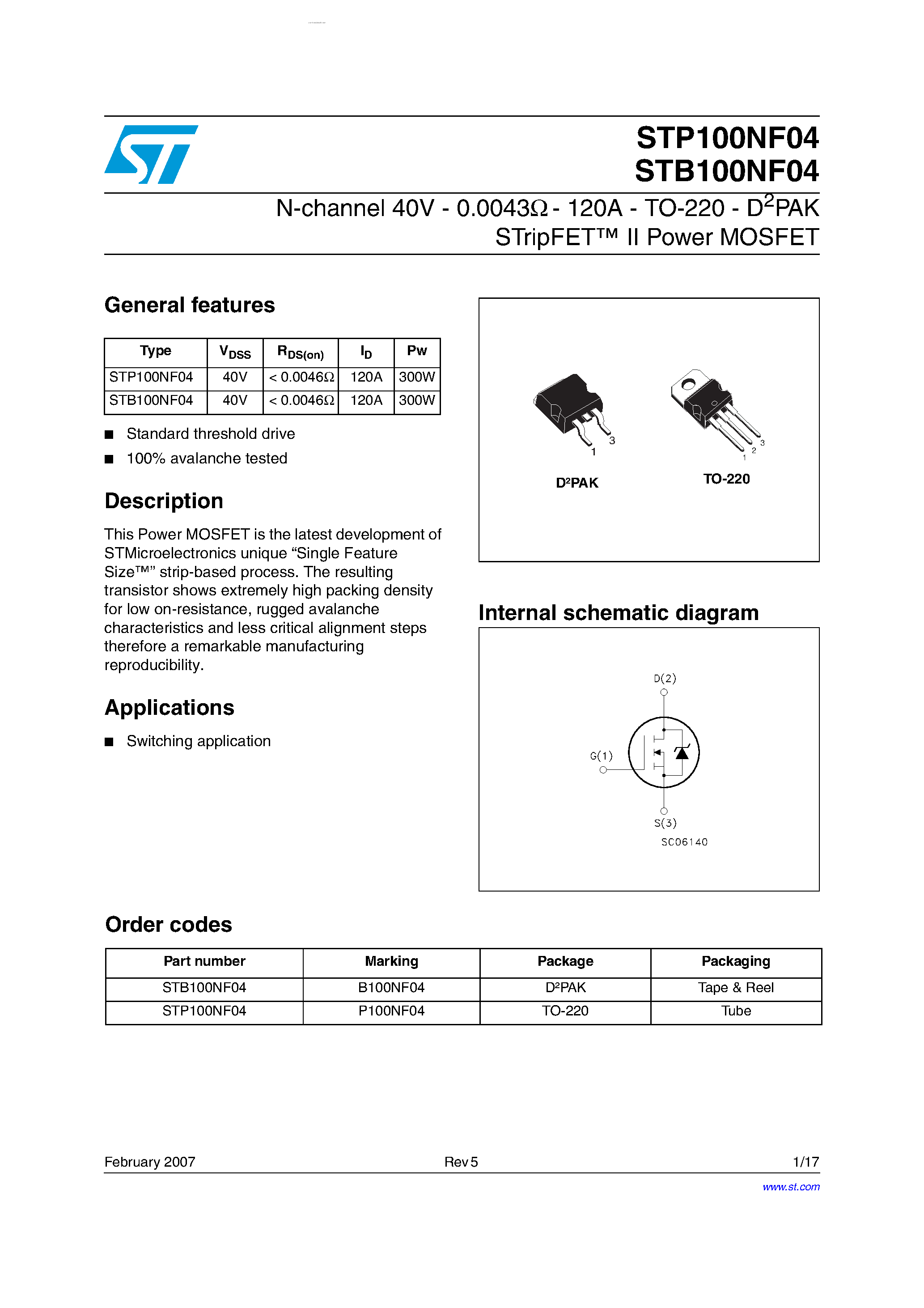 Datasheet STP100NF04 - N-channel Power MOSFET page 1