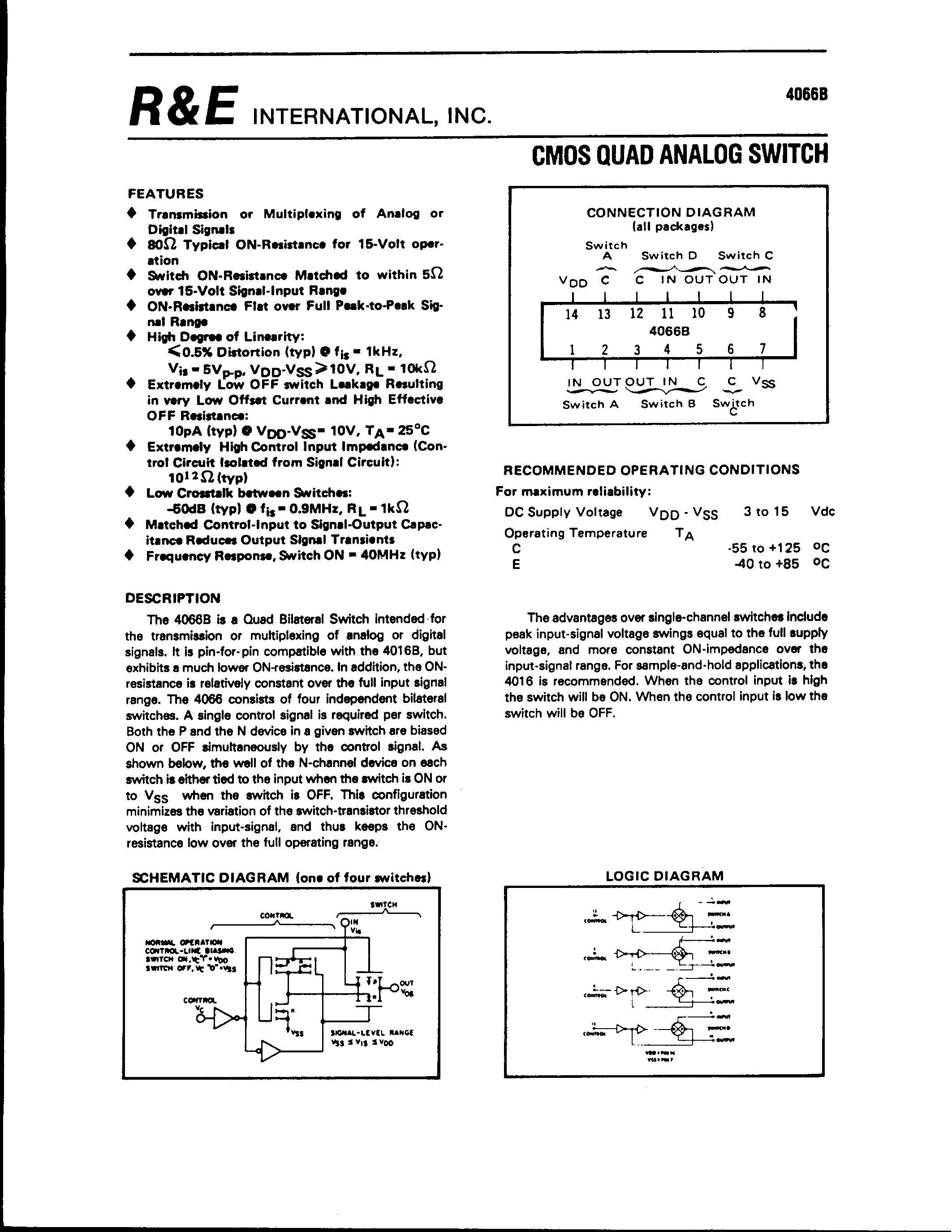 Datasheet 4066B - CMOS QUAD ANALOG SWITCH page 1