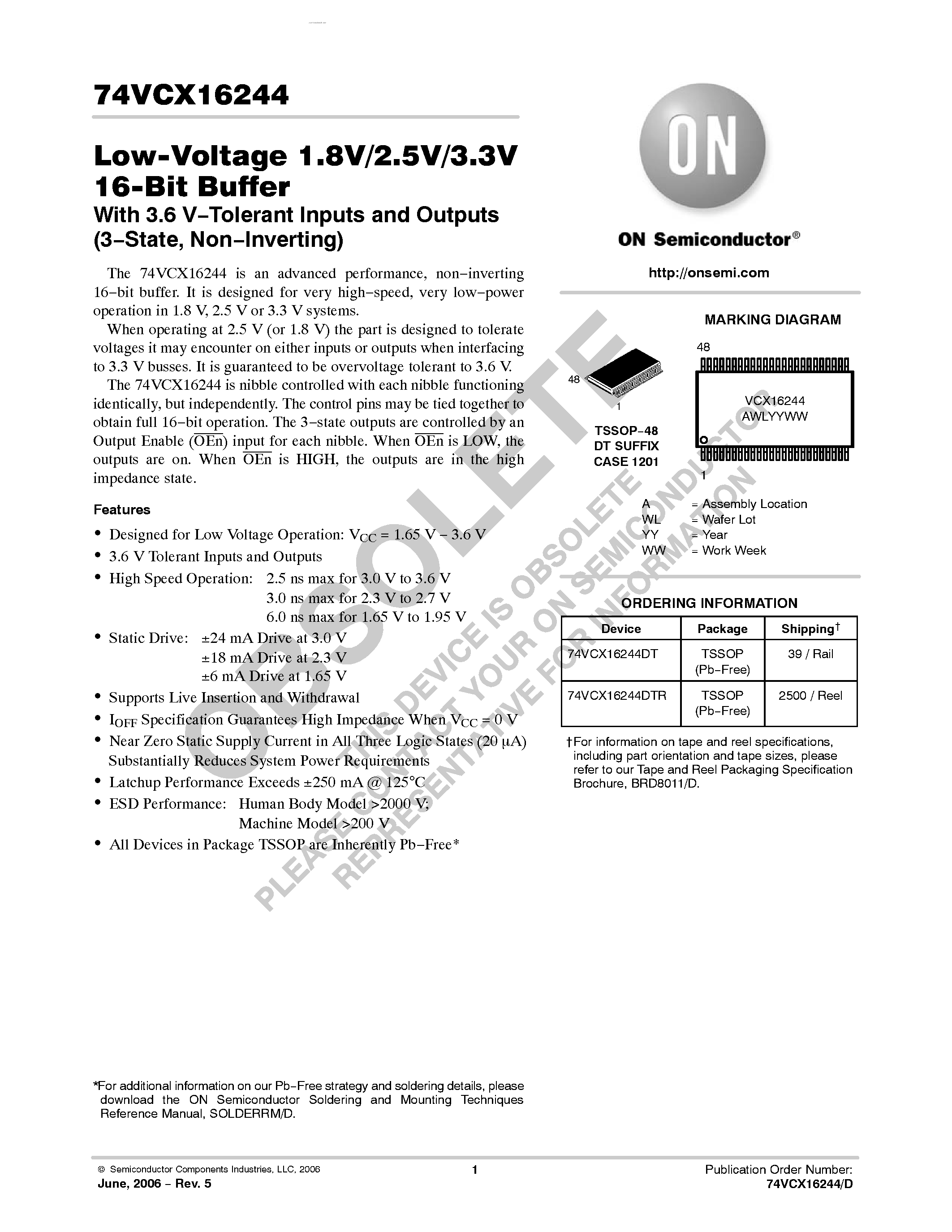 Даташит 74VCX16244 - Low-Voltage 1.8V/2.5V/3.3V 16-Bit Buffer страница 1