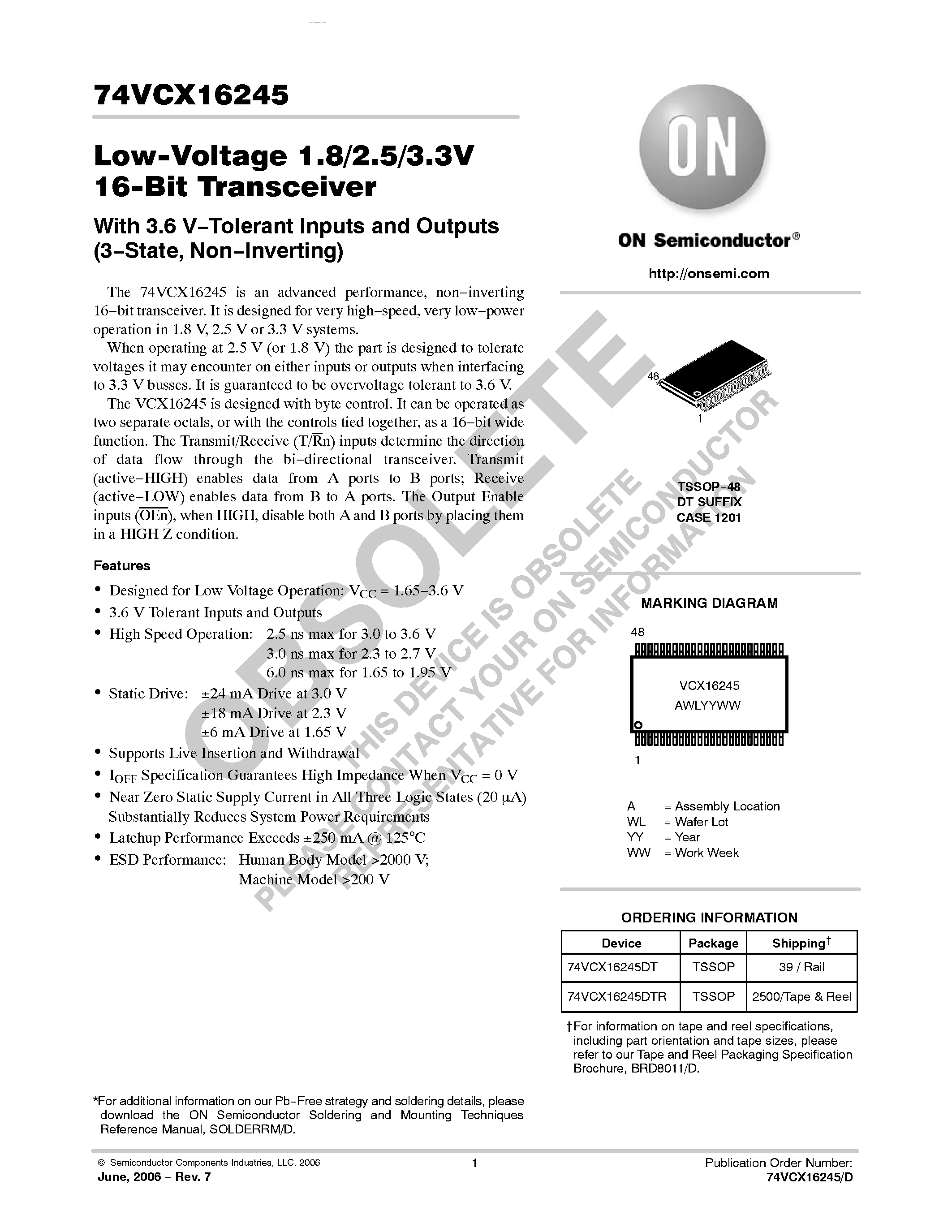 Даташит 74VCX16245 - Low-Voltage 1.8/2.5/3.3V 16-Bit Transceiver страница 1