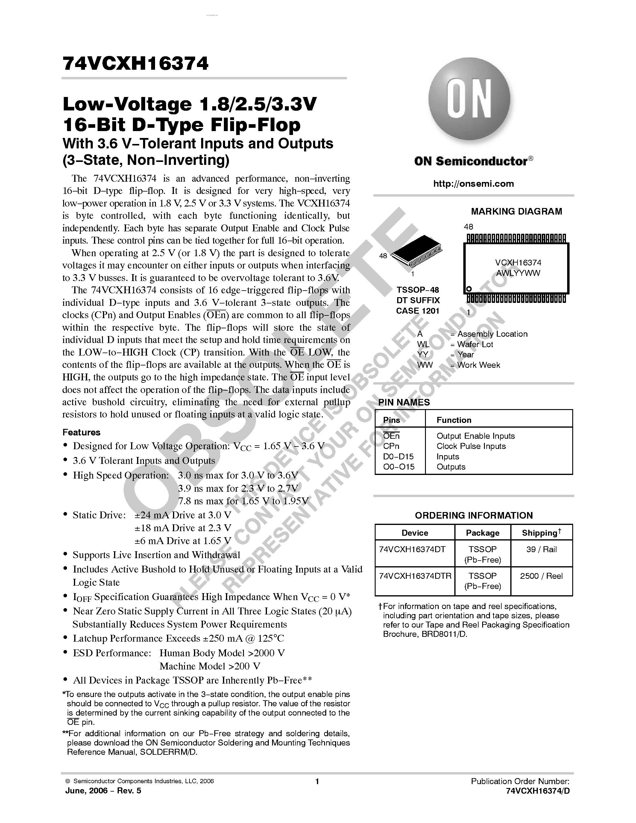 Даташит 74VCXH16374 - Low-Voltage 1.8/2.5/3.3V 16-Bit D-Type Flip-Flop страница 1