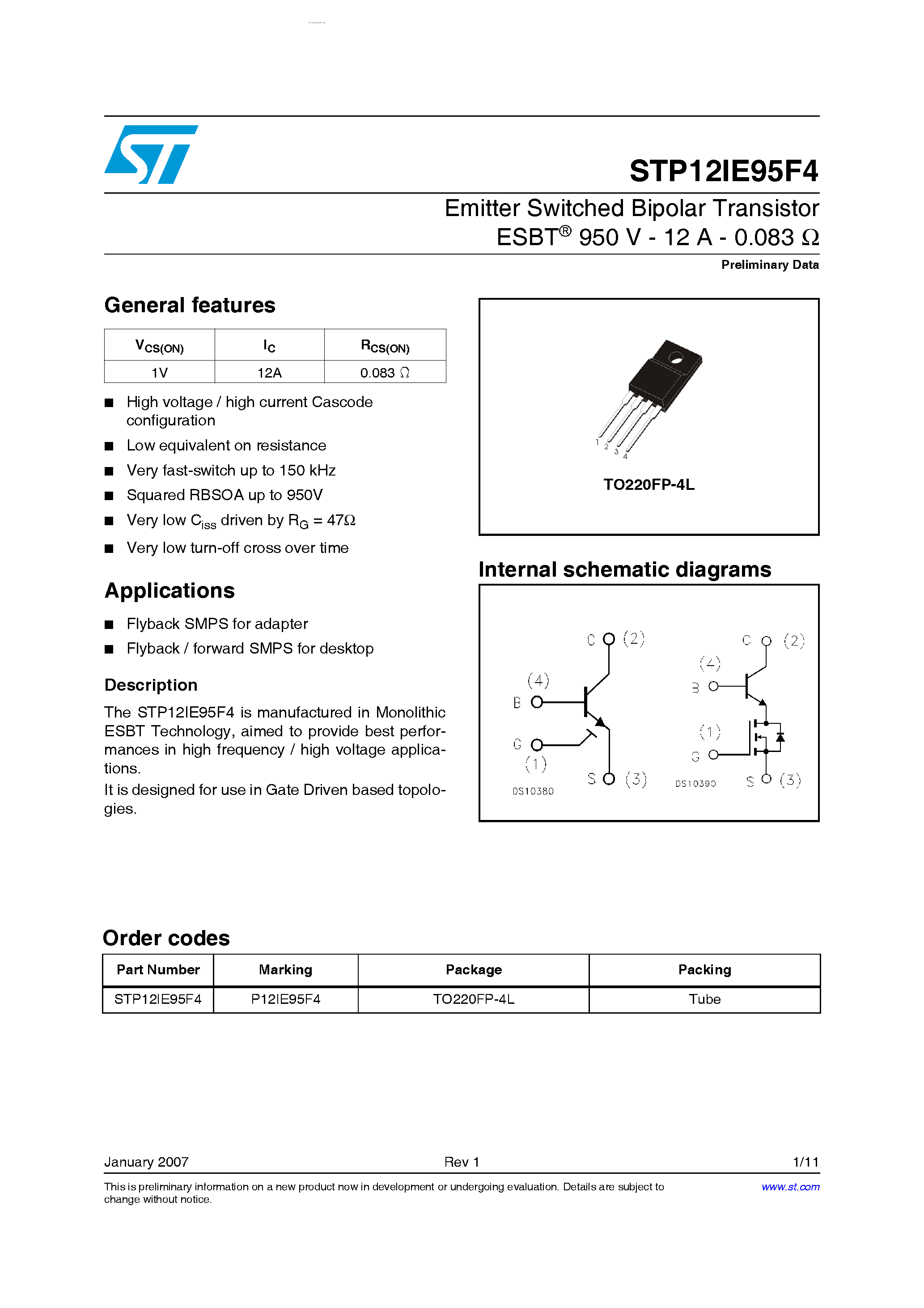 Datasheet STP12IE95F4 - Emitter Switched Bipolar Transistor page 1