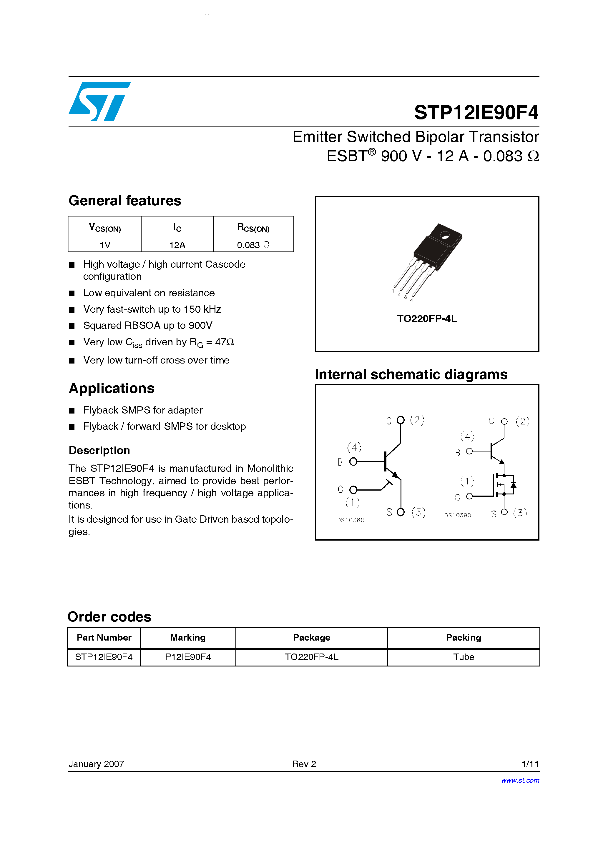 Datasheet STP12IE90F4 - Emitter Switched Bipolar Transistor page 1