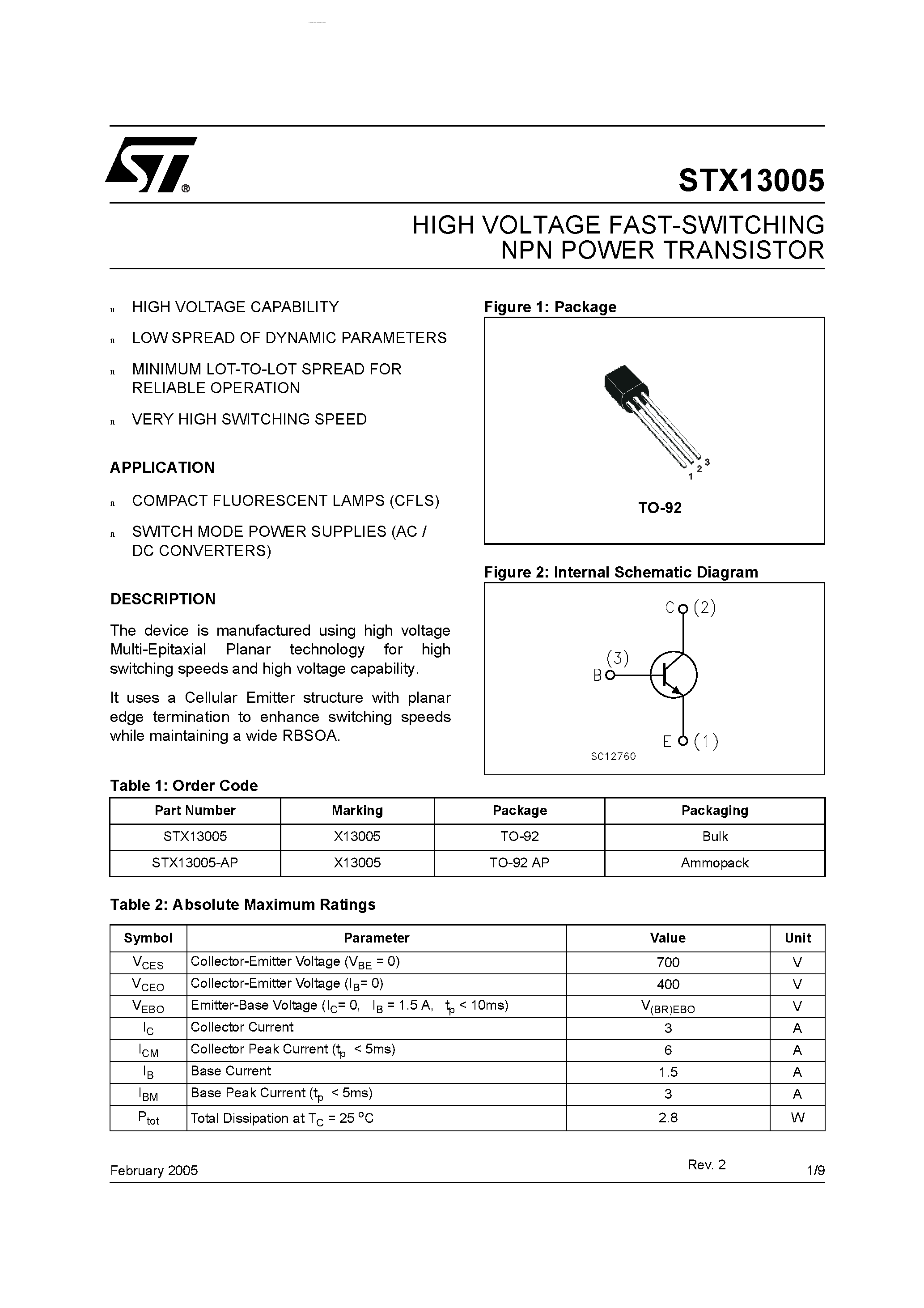 Даташит STX13005 - HIGH VOLTAGE FAST-SWITCHING NPN POWER TRANSISTOR страница 1