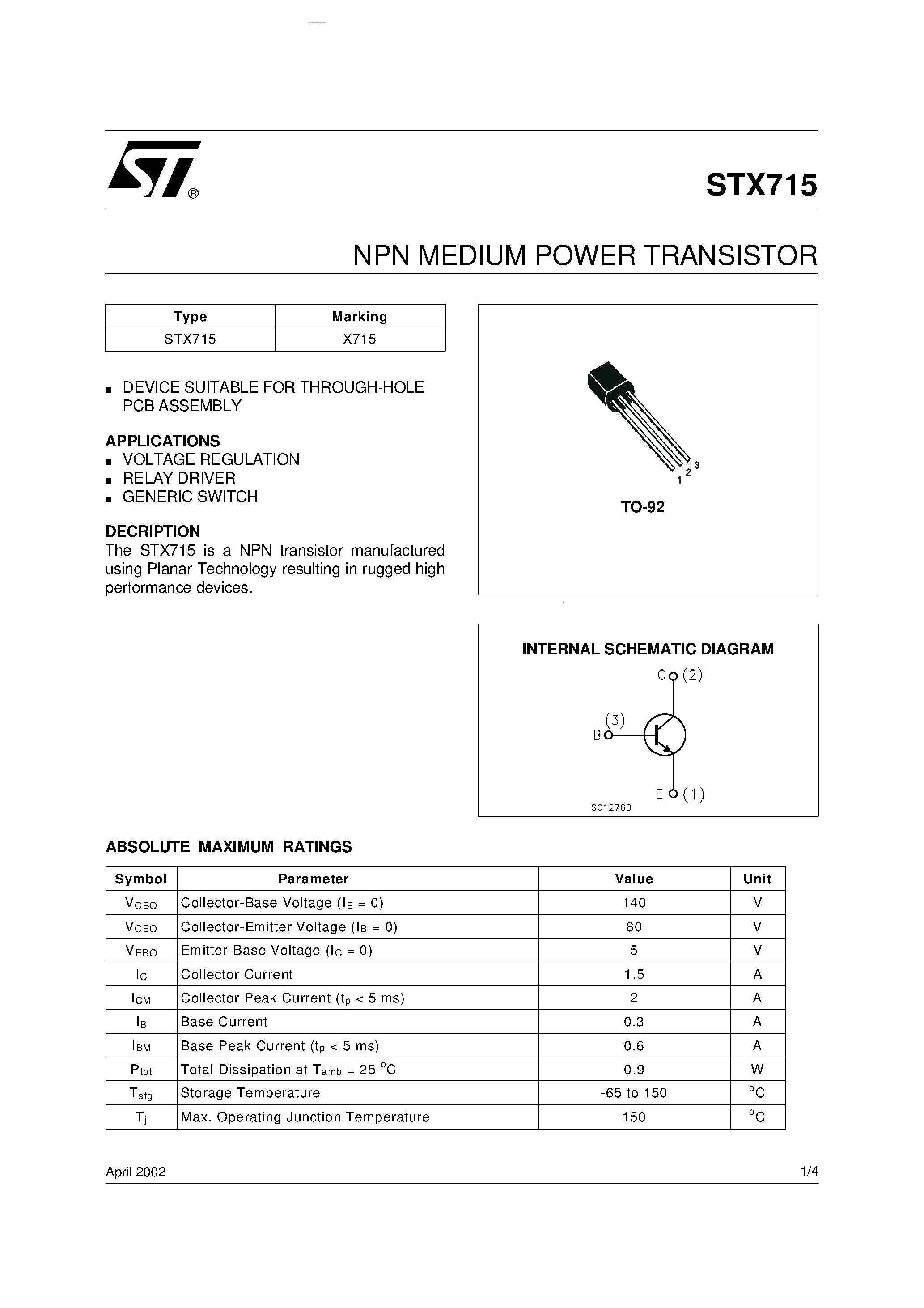 Даташит STX715 - NPN MEDIUM POWER TRANSISTOR страница 1