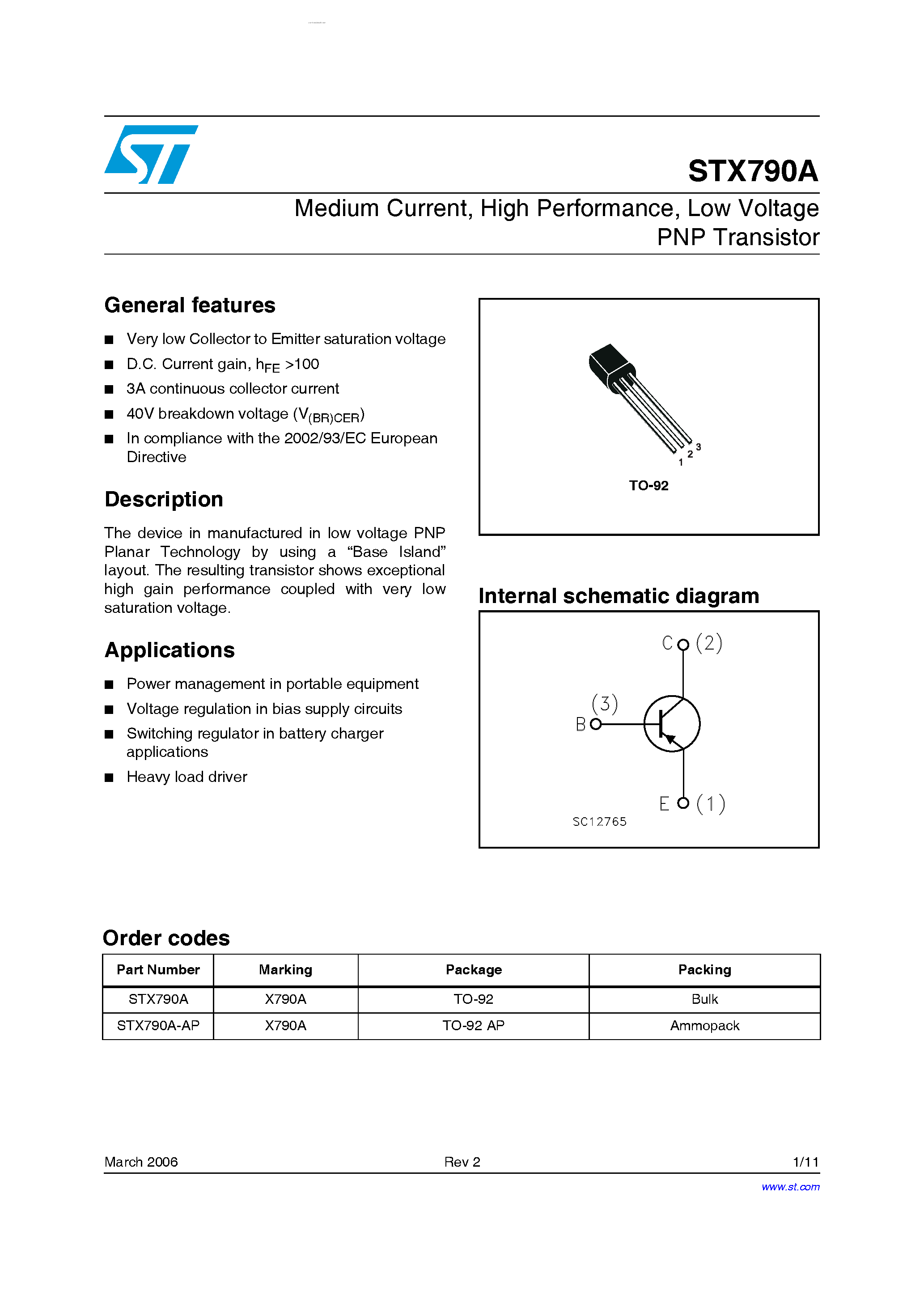 Datasheet STX790A - Low Voltage PNP Transistor page 1