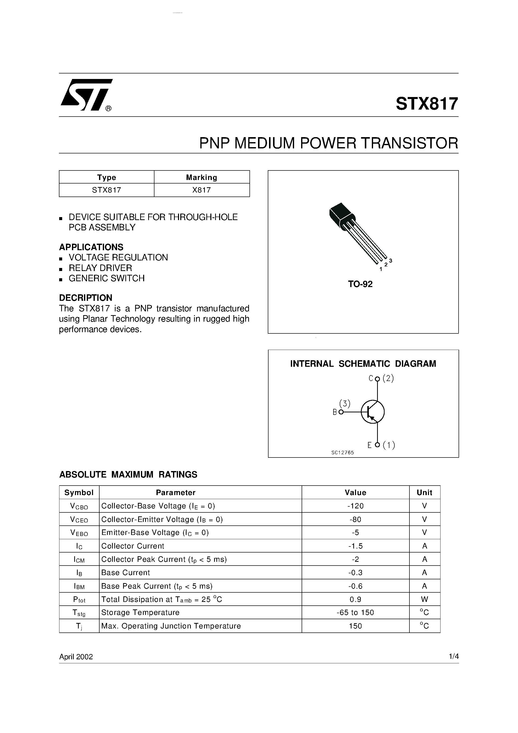 Даташит STX817 - NPN MEDIUM POWER TRANSISTOR страница 1