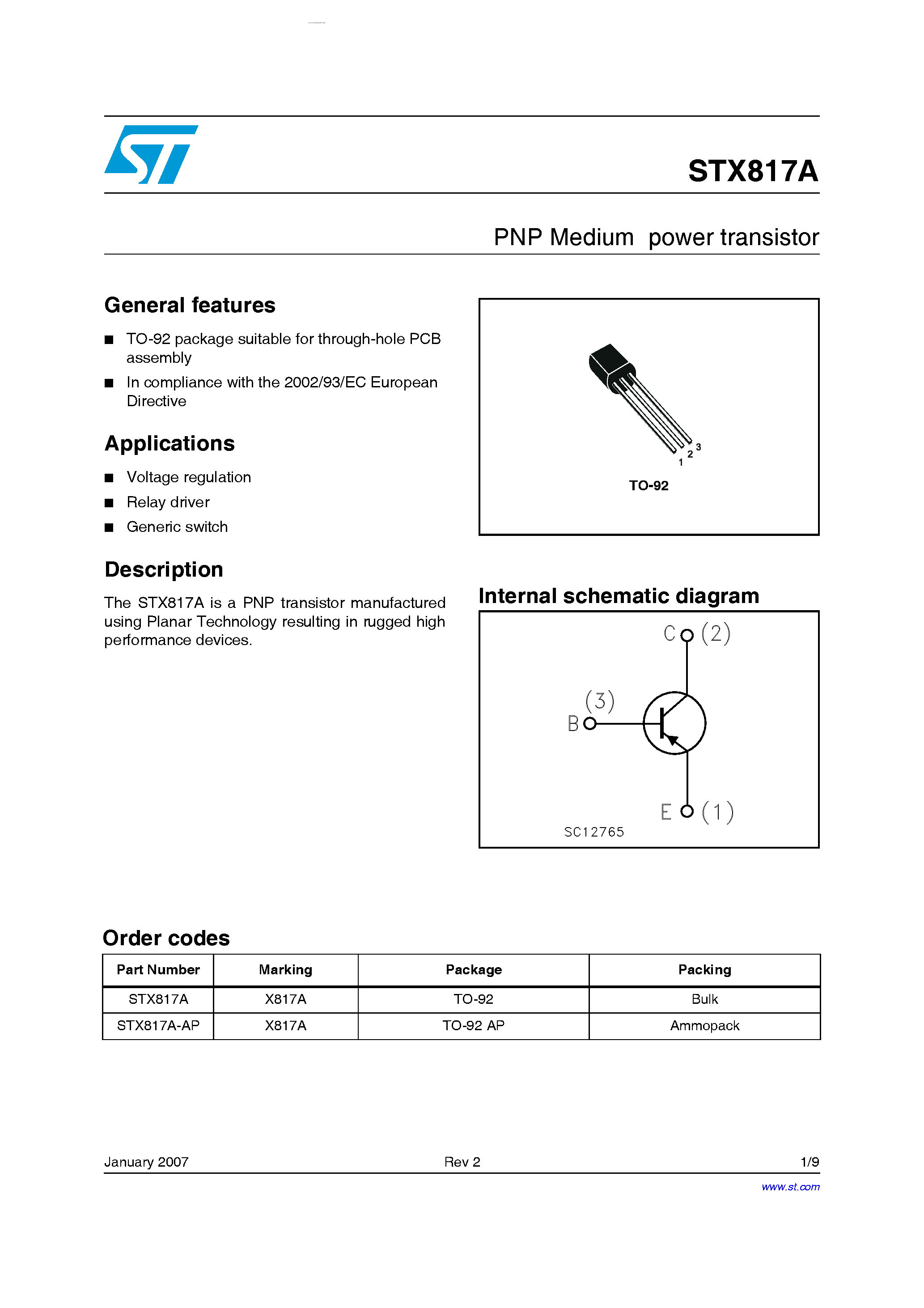 Даташит STX817A - PNP Medium power transistor страница 1