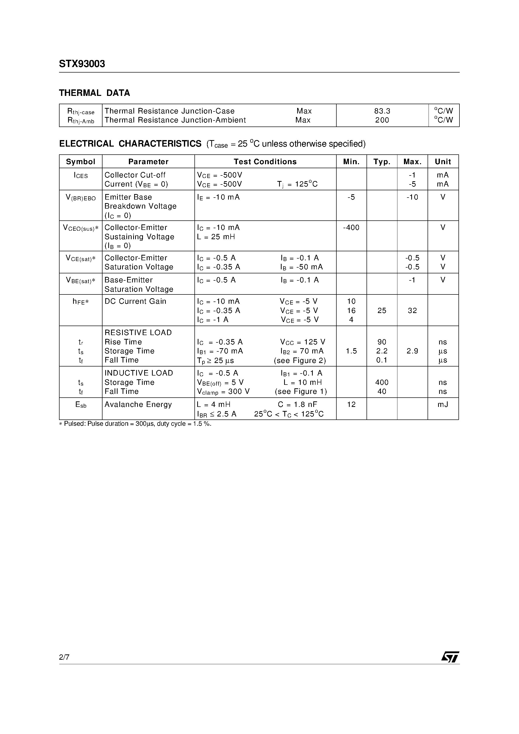 Datasheet STX93003 - HIGH VOLTAGE FAST-SWITCHING PNP POWER TRANSISTOR page 2
