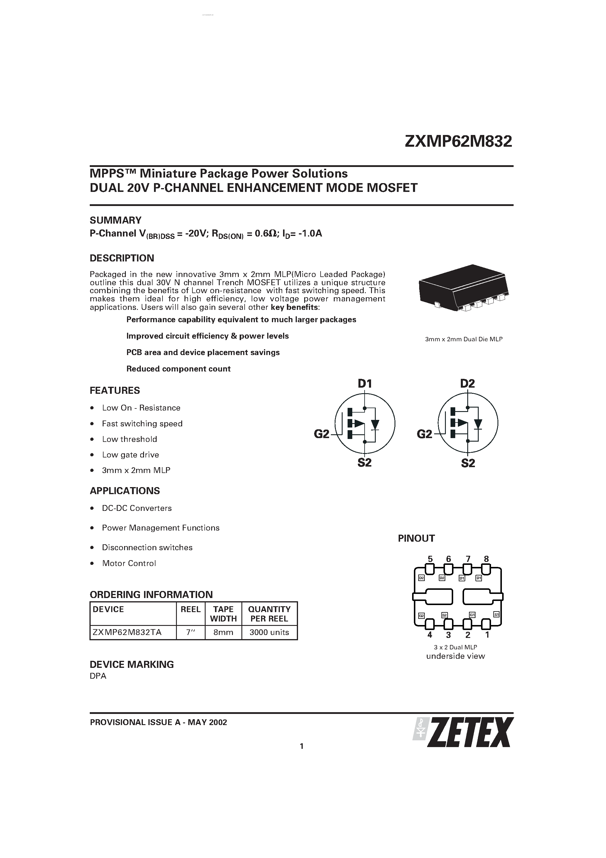 Даташит ZXMP62M832 - MPPS Miniature Package Power Solutions DUAL 20V P-CHANNEL ENHANCEMENT MODE MOSFET страница 1
