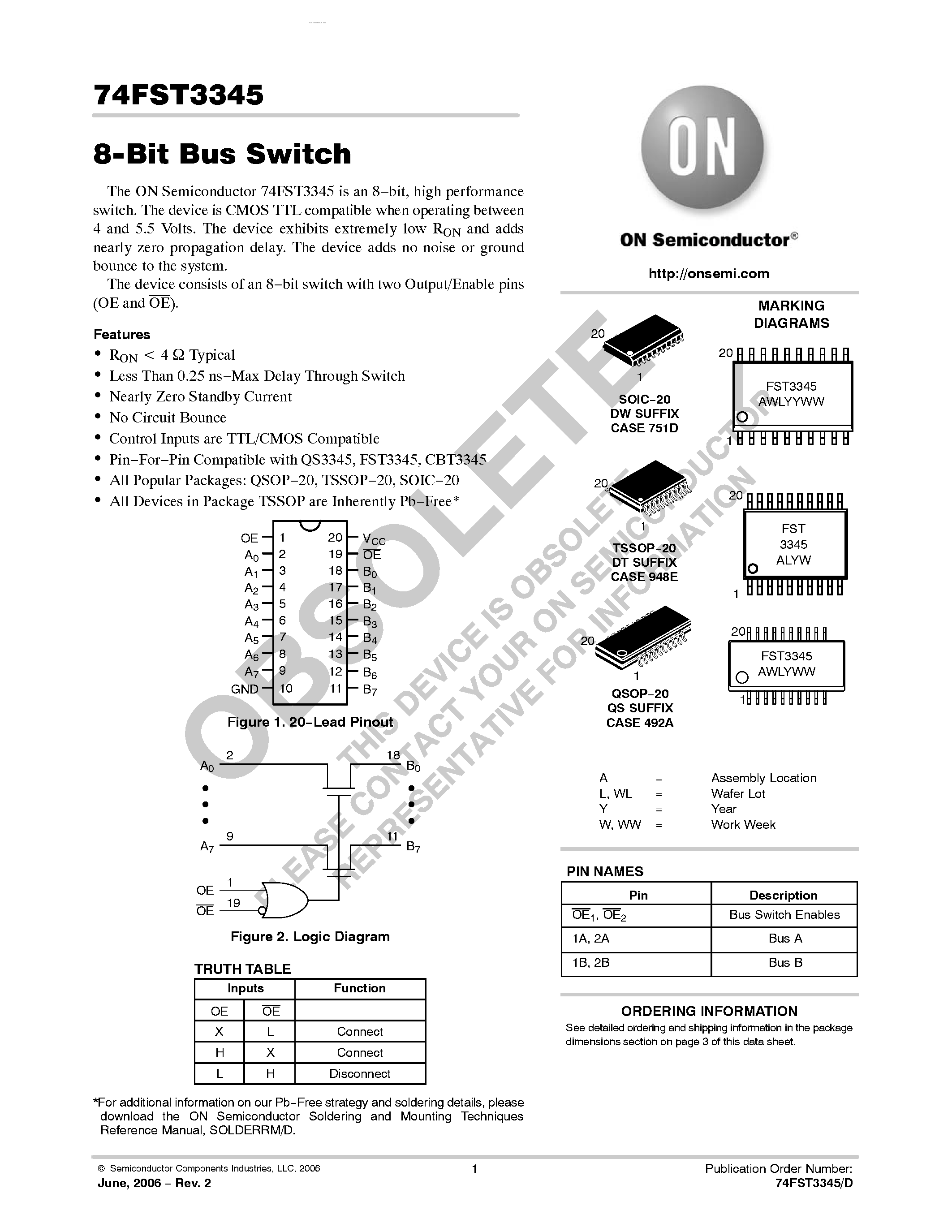 Даташит 74FST3345 - 8-Bit Bus Switch страница 1