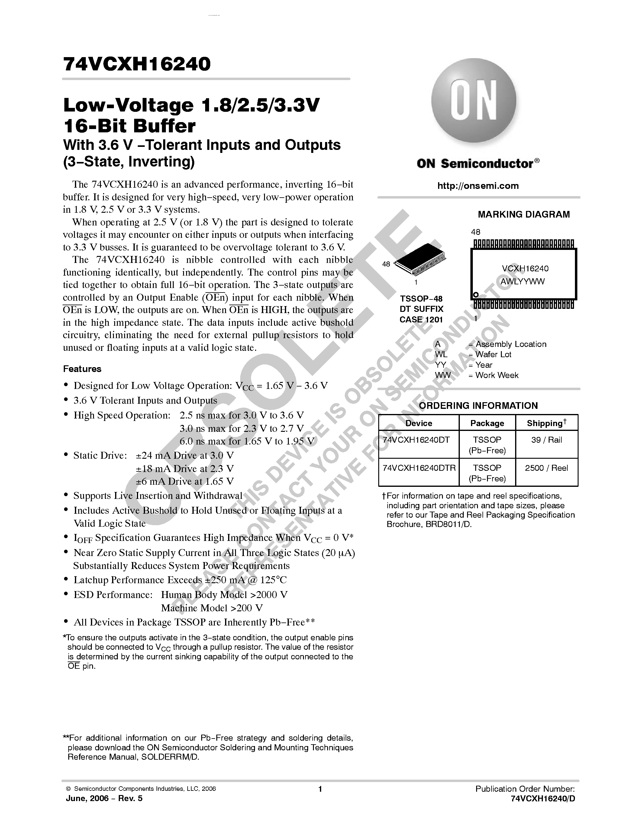 Даташит 74VCXH16240 - Low-Voltage 1.8/2.5/3.3V 16-Bit Buffer страница 1