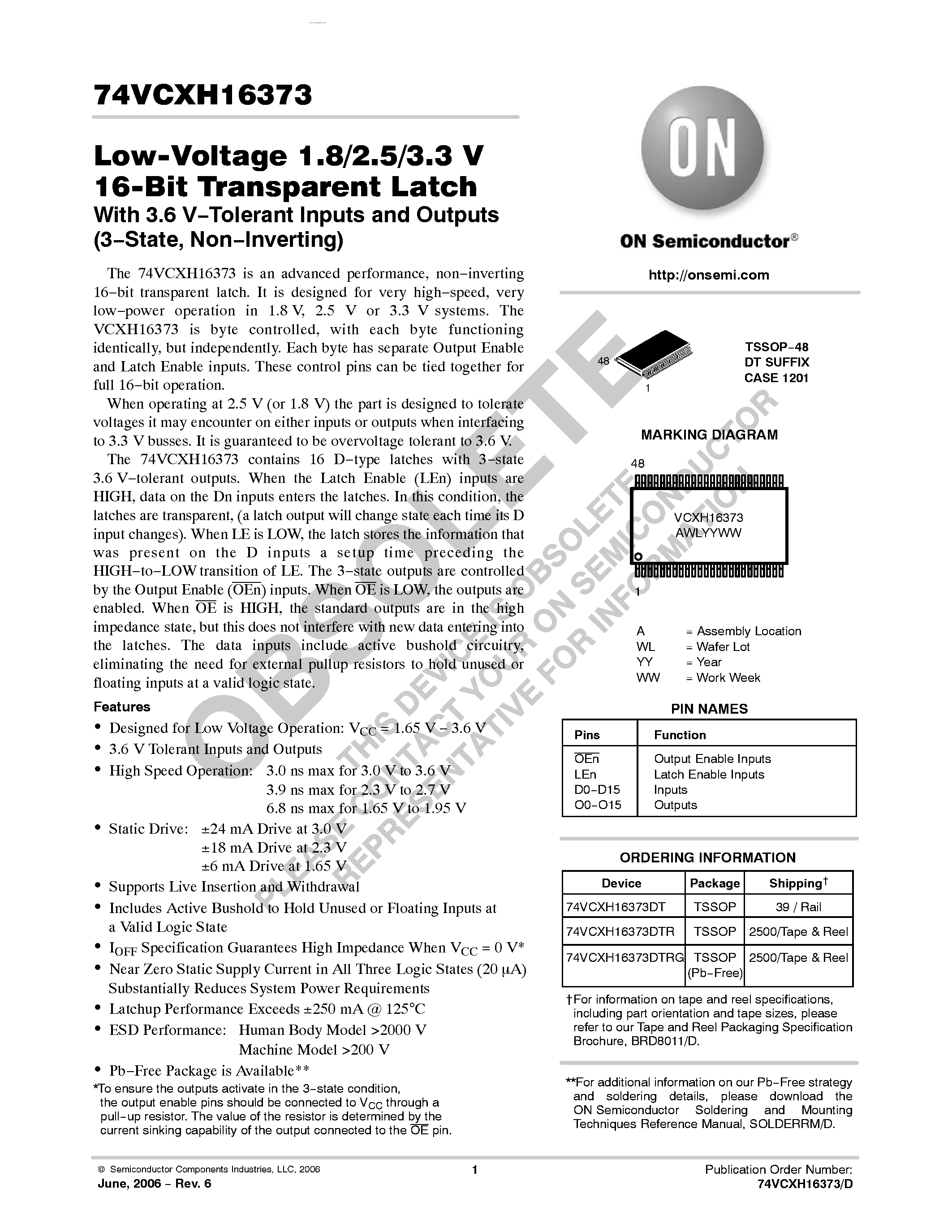 Даташит 74VCXH16373 - Low-Voltage 1.8/2.5/3.3 V 16-Bit Transparent Latch страница 1