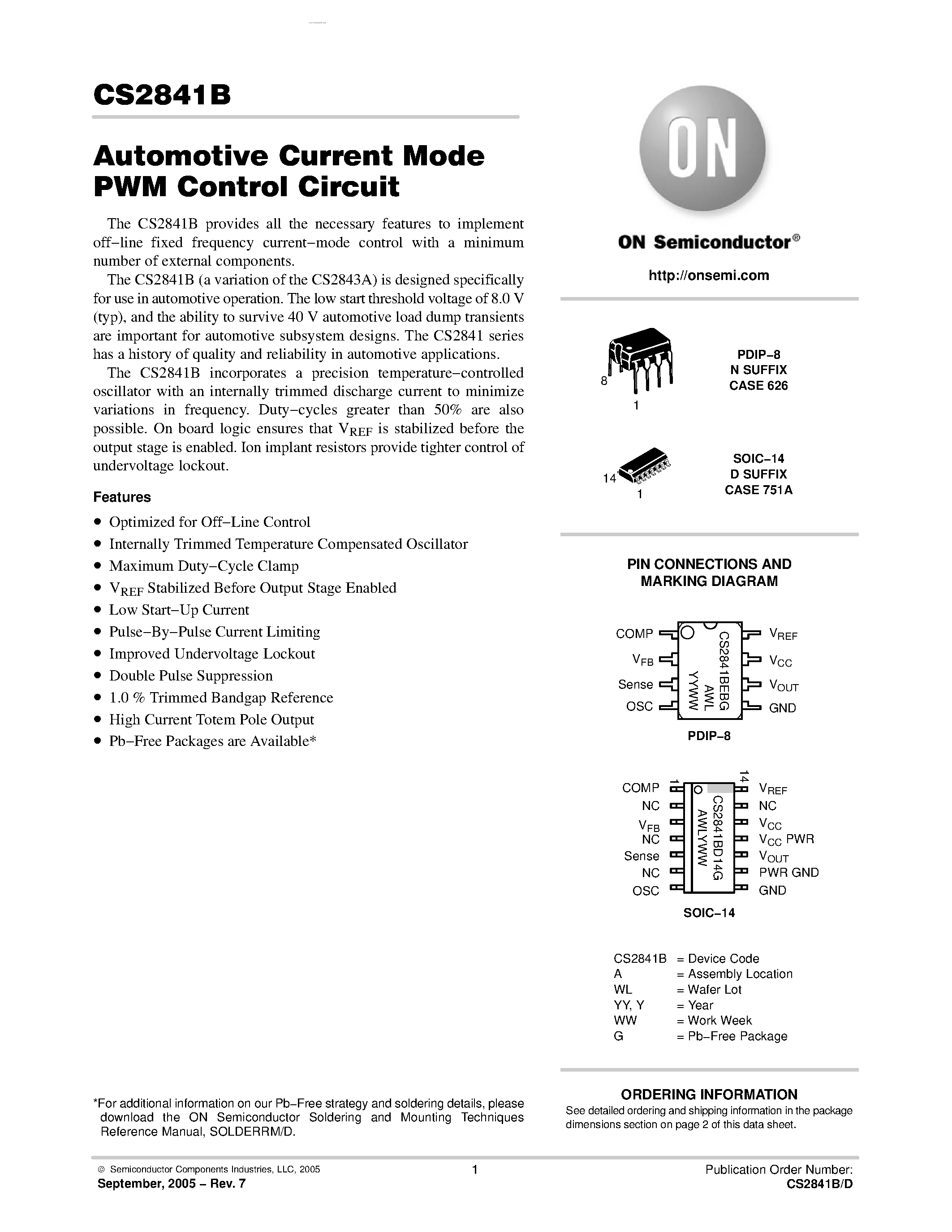 Даташит CS2841B - Automotive Current Mode PWM Control Circuit страница 1