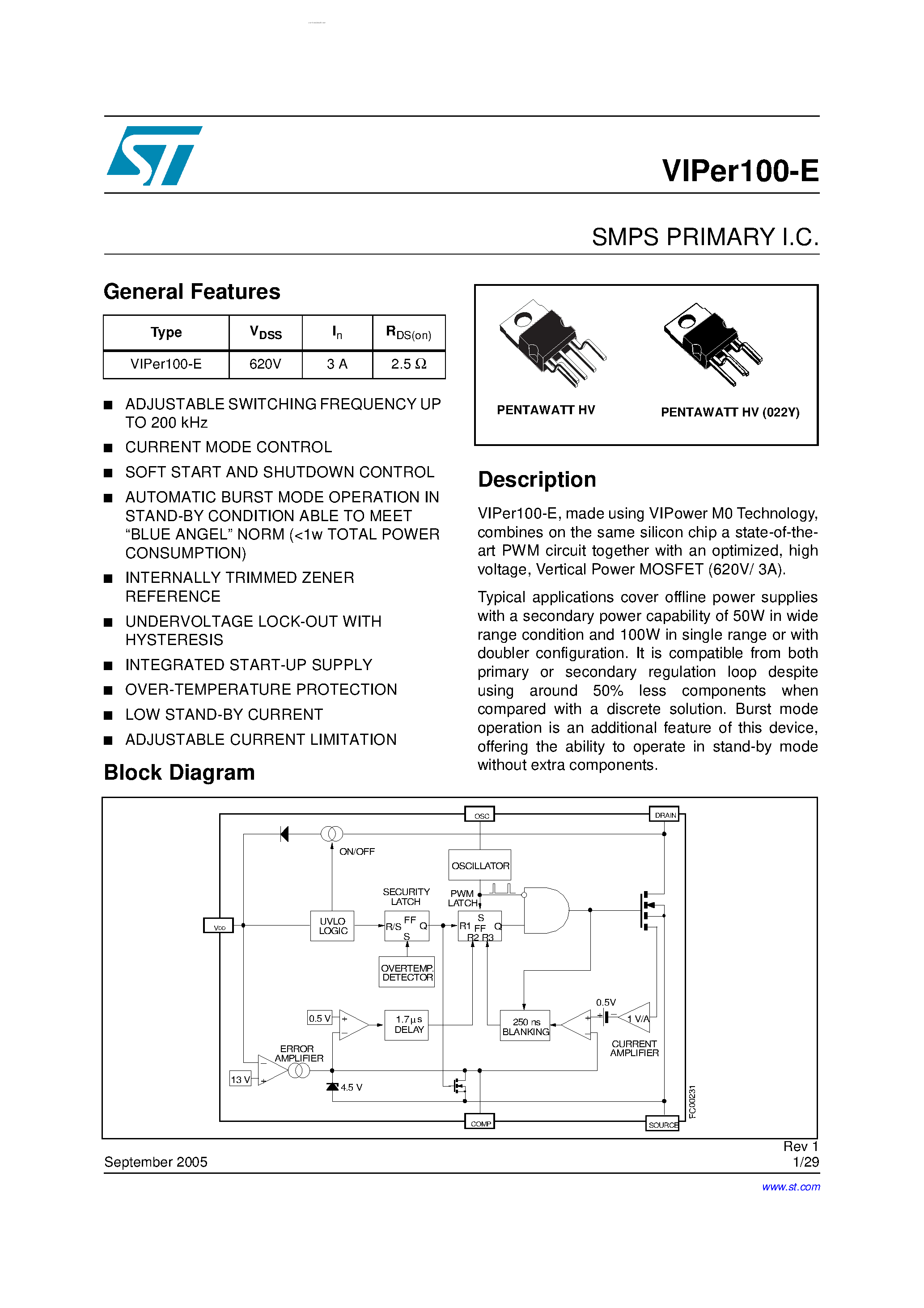Datasheet VIPER100-E - SMPS PRIMARY I.C. page 1