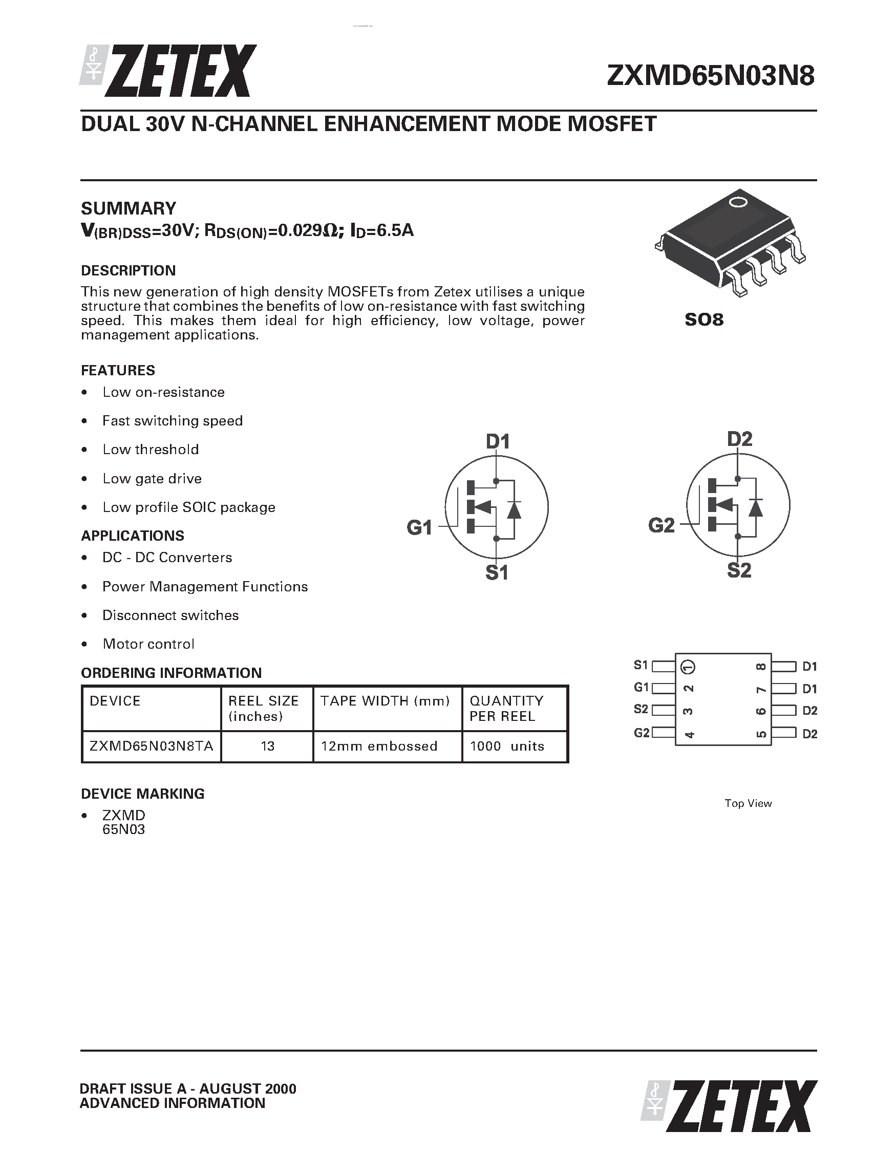 Даташит ZXMD65N03N8 - DUAL 30V N-CHANNEL ENHANCEMENT MODE MOSFET страница 1