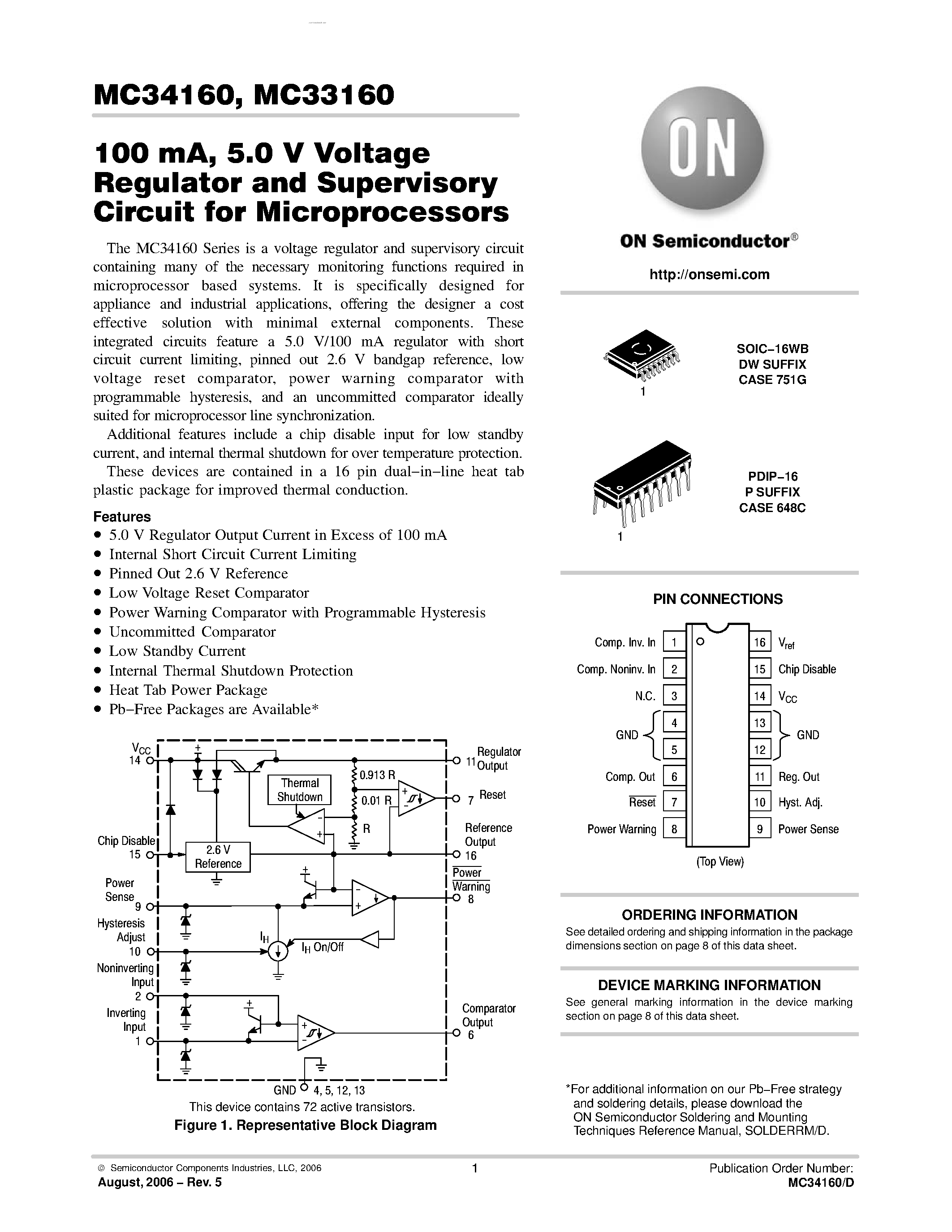 Datasheet MC33160 - (MC33160 / MC34160) Voltage Regulator and Supervisory Circuit page 1