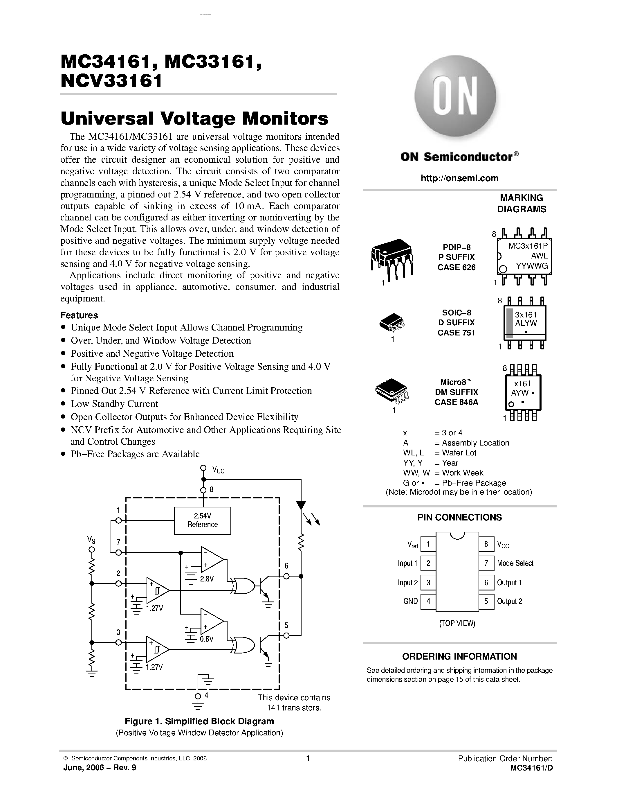 Даташит MC33161 - (MC33161 / MC34161) Universal Voltage Monitors страница 1