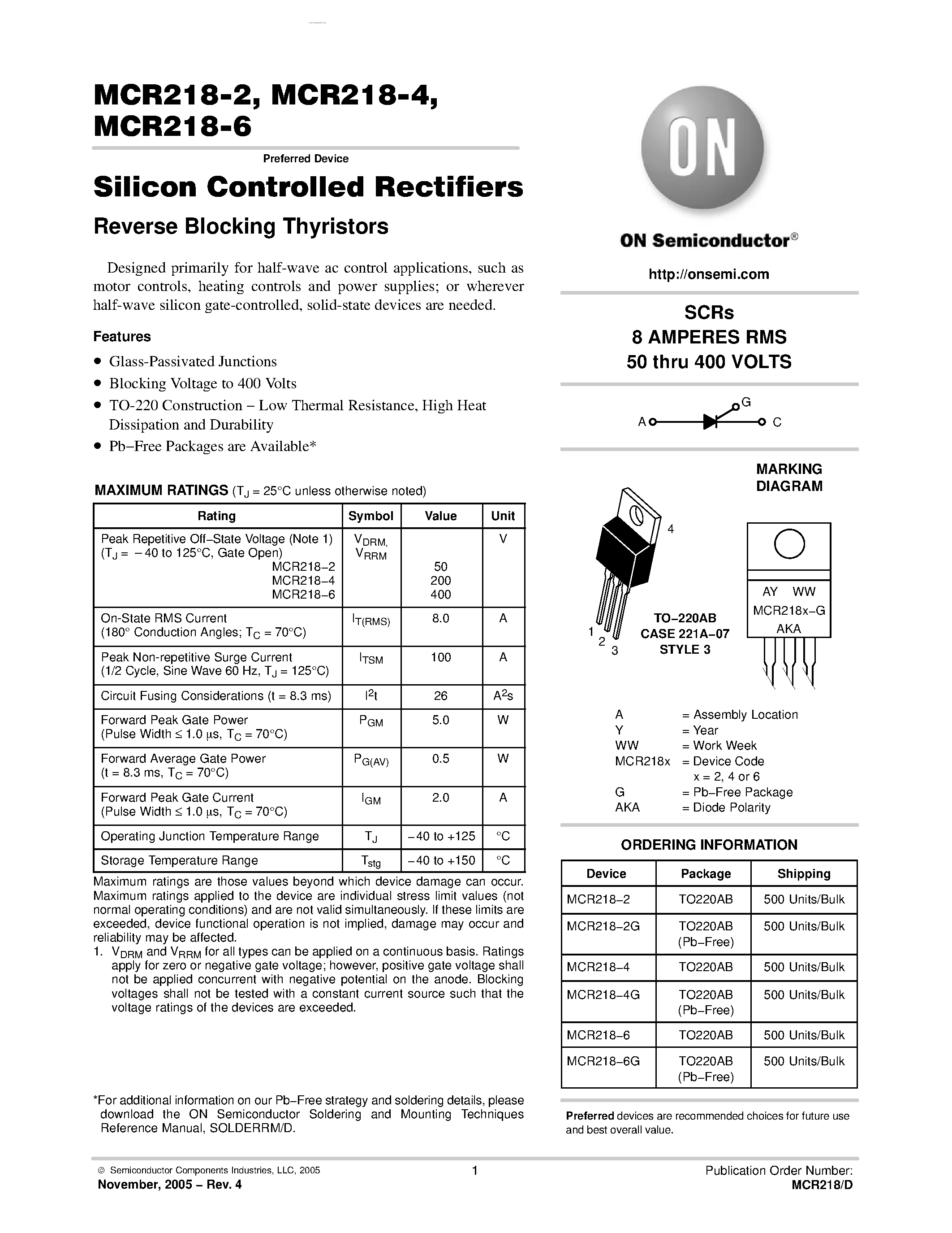 Datasheet MCR218-2 - (MCR218-x) Silicon Controlled Rectifiers Reverse Blocking Thyristors page 1