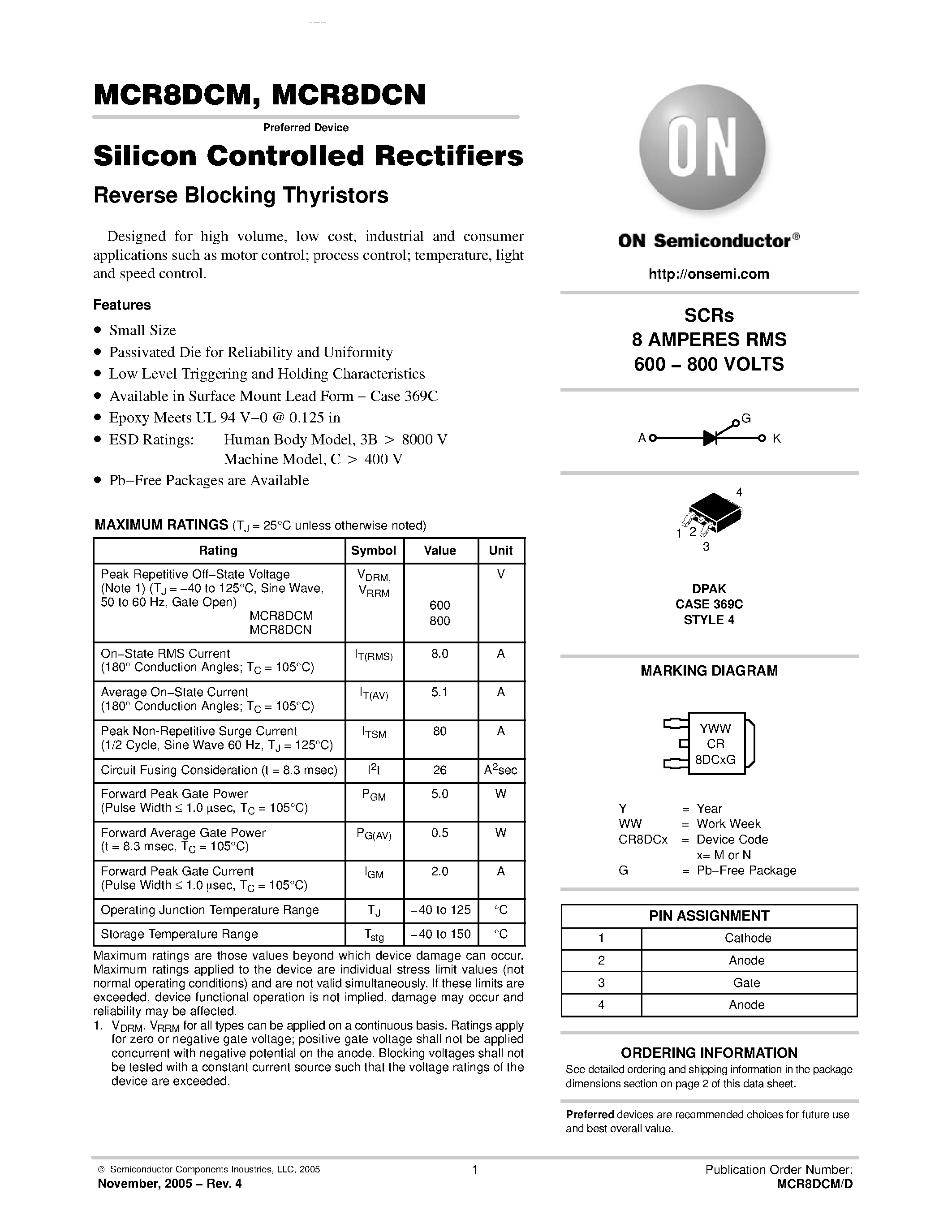 Datasheet MCR8DCM - Silicon Controlled Rectifiers Reverse Blocking Thyristors page 1