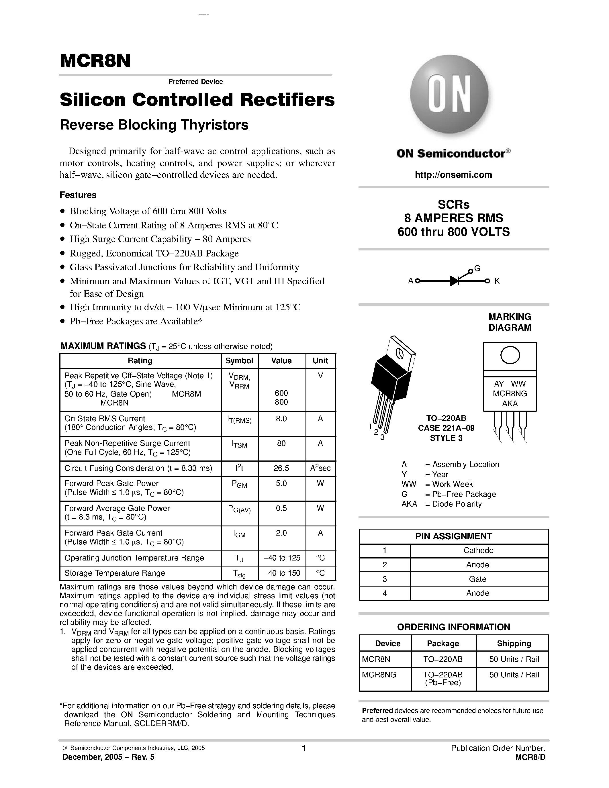 Даташит MCR8N - Silicon Controlled Rectifiers Reverse Blocking Thyristors страница 1