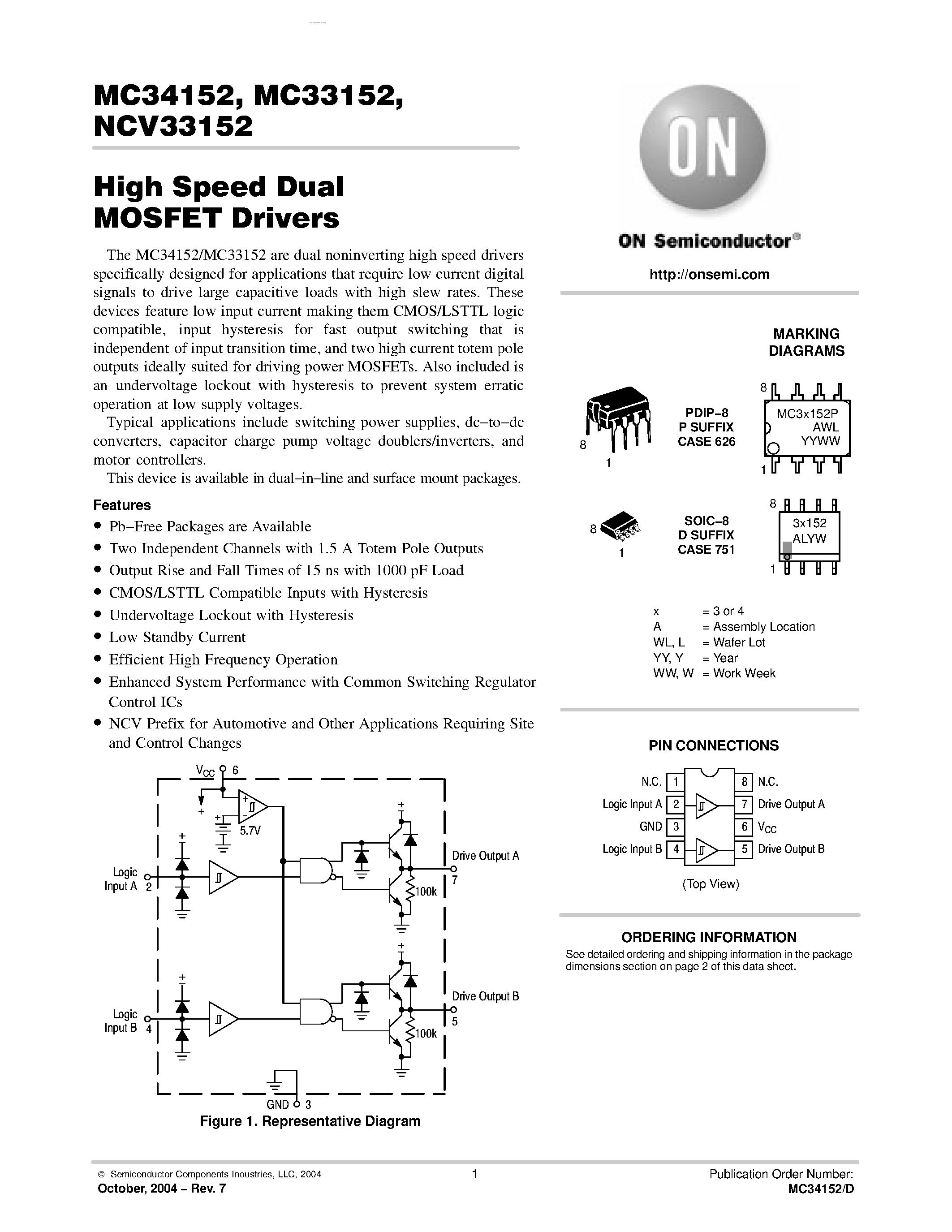 Даташит MC33152 - (MC33152 / MC34152) HIGH SPEED DUAL MOSFET DRIVERS страница 1