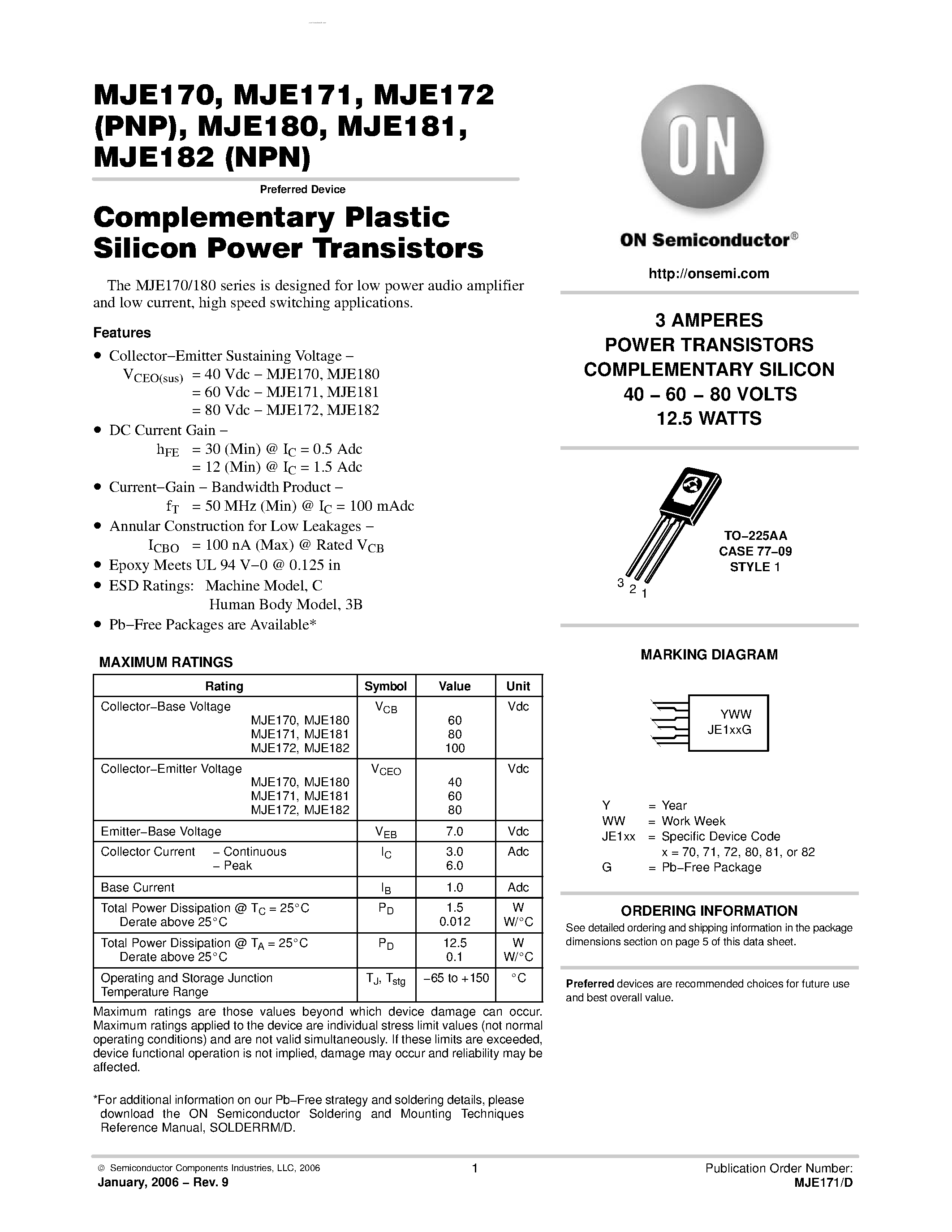 Даташит MJE170 - (MJE170 - MJE182) Complementary Plastic Silicon Power Transistors страница 1