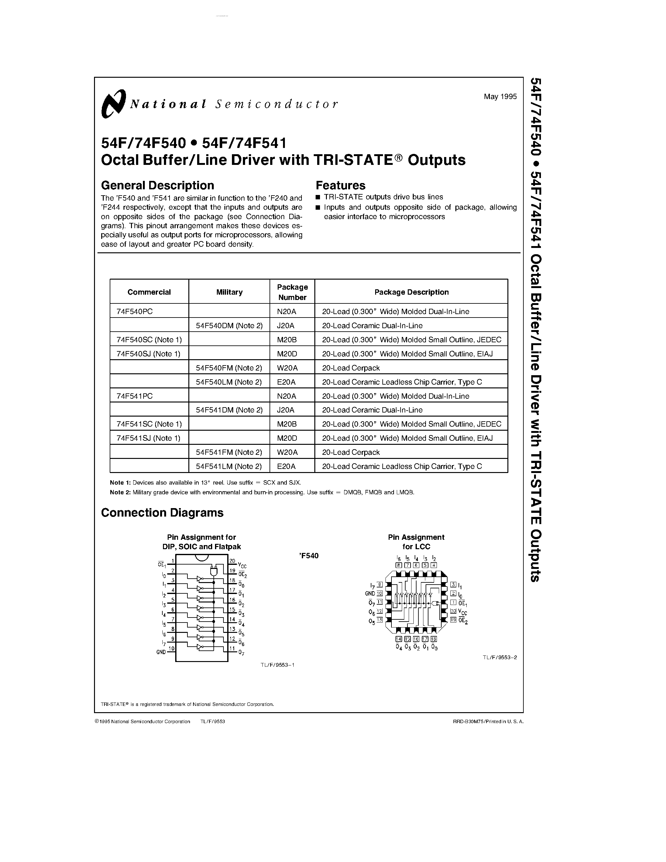 Datasheet 54F540 - (54F540 / 54F541) Octal Buffer/Line Driver page 1
