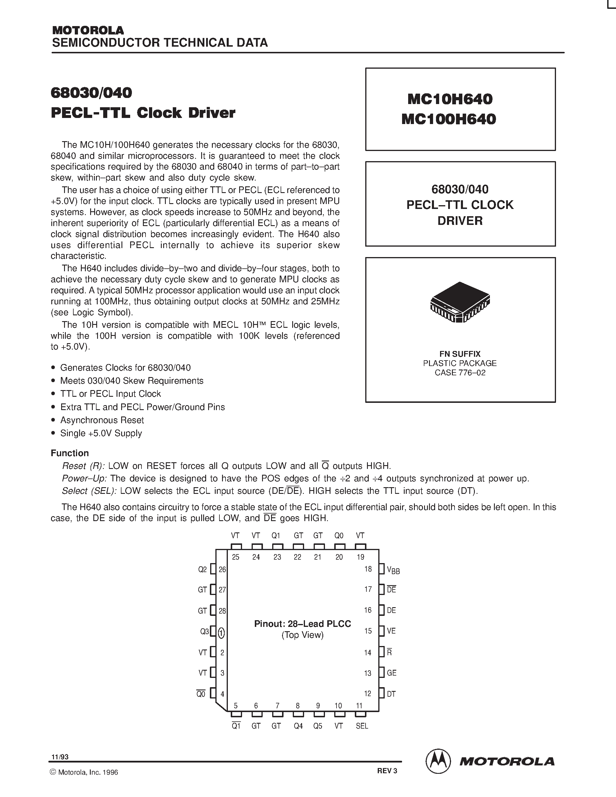 Datasheet MC100H640 - PECL to TTL Clock Driver page 1
