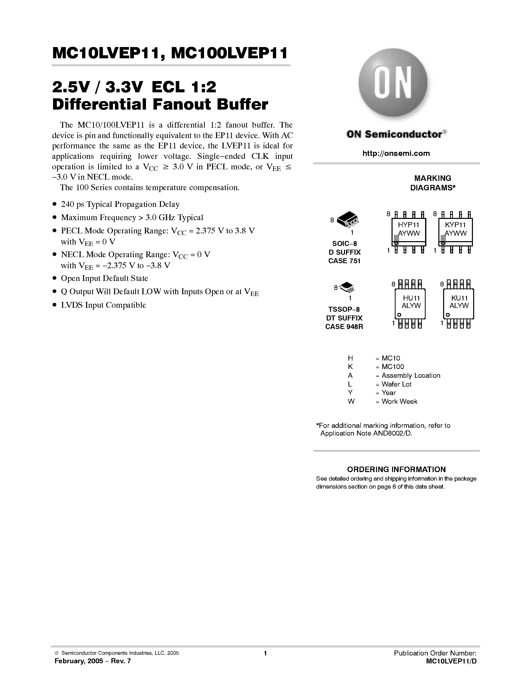 Datasheet MC100LVEP11 - 2.5V / 3.3V ECL 1:2 Differential Fanout Buffer page 1