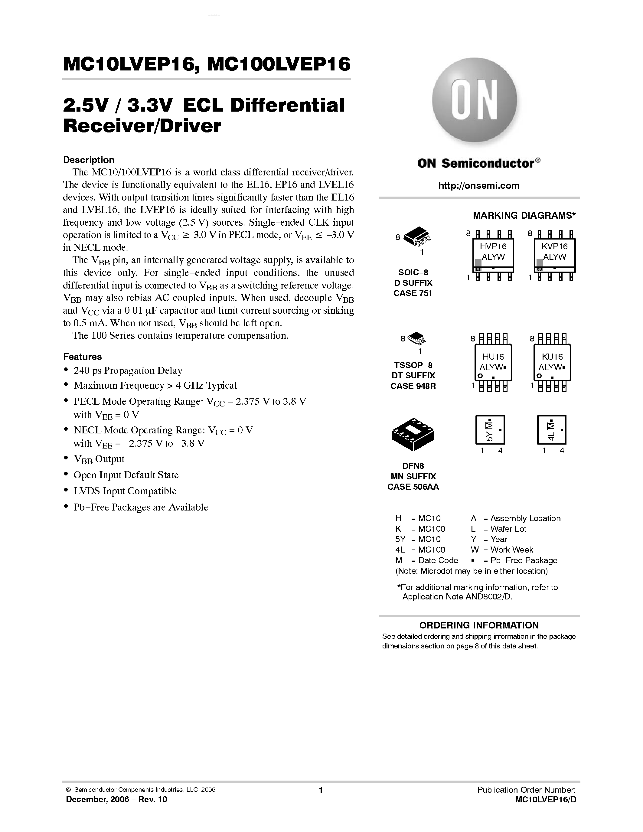 Datasheet MC100LVEP16 - 2.5V / 3.3V ECL Differential Receiver/Driver page 1