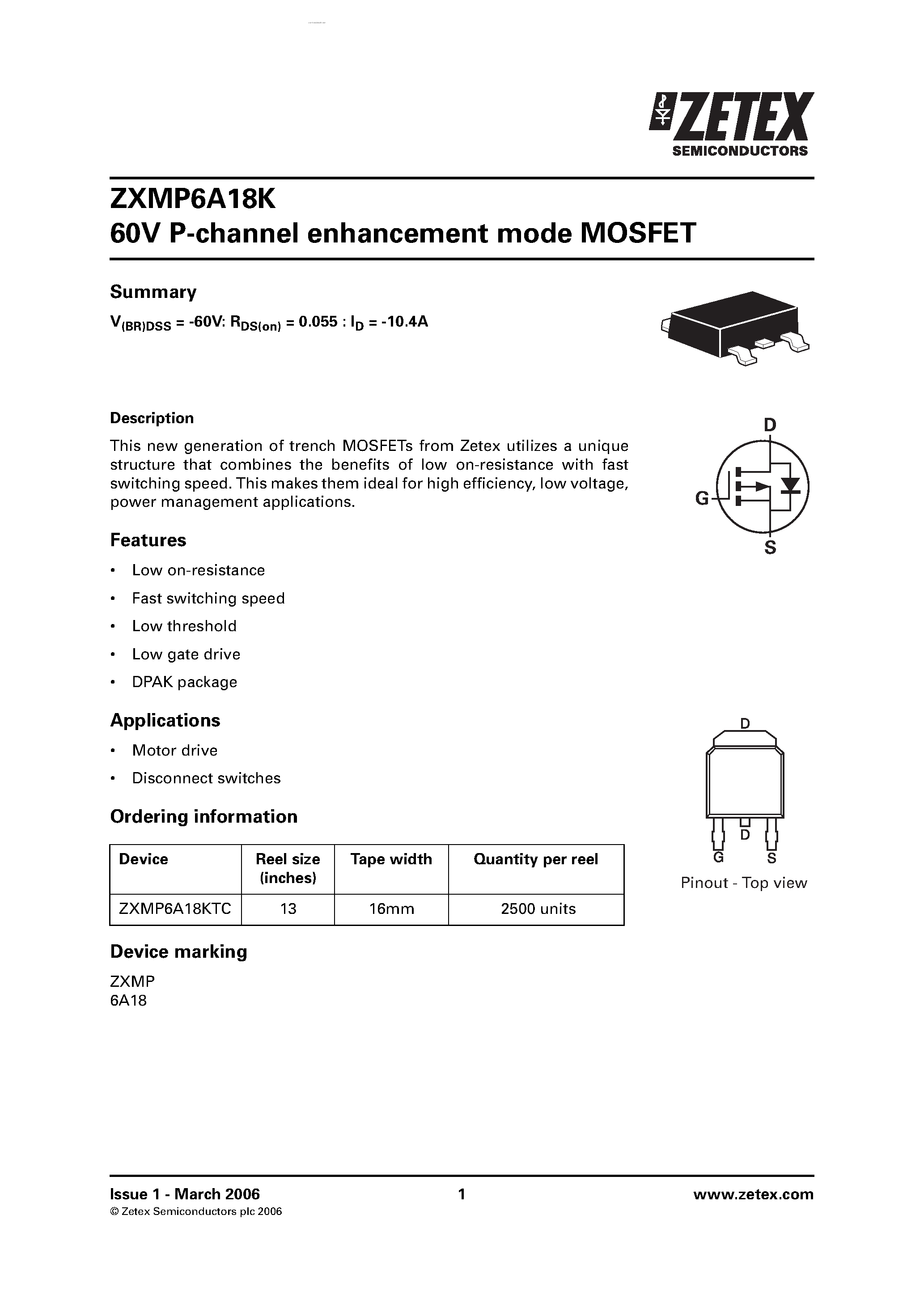 Datasheet ZXMP6A18K - P-channel enhancement mode MOSFET page 1