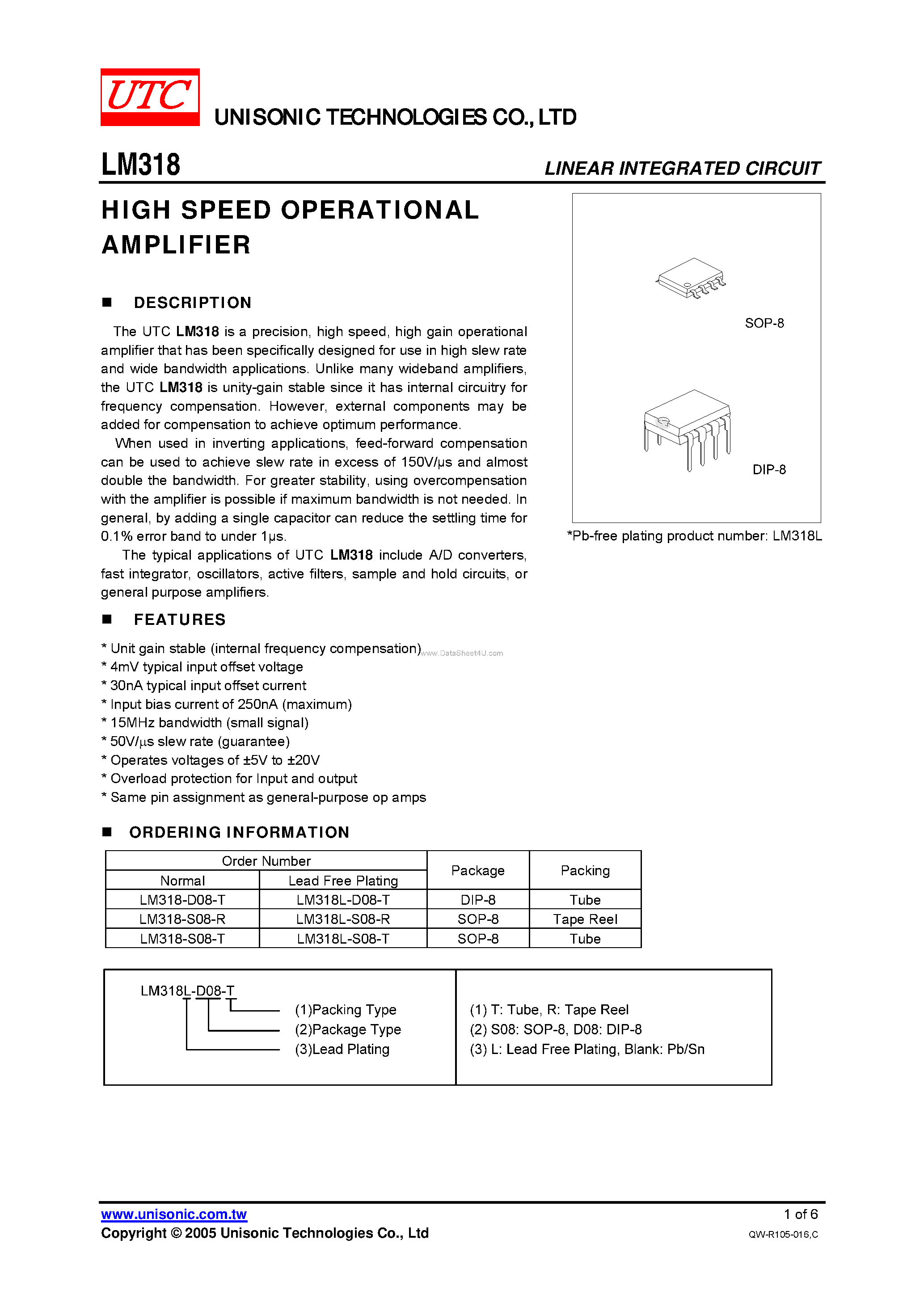 Datasheet LM318 - HIGH SPEED OPERATIONAL AMPLIFIER page 1