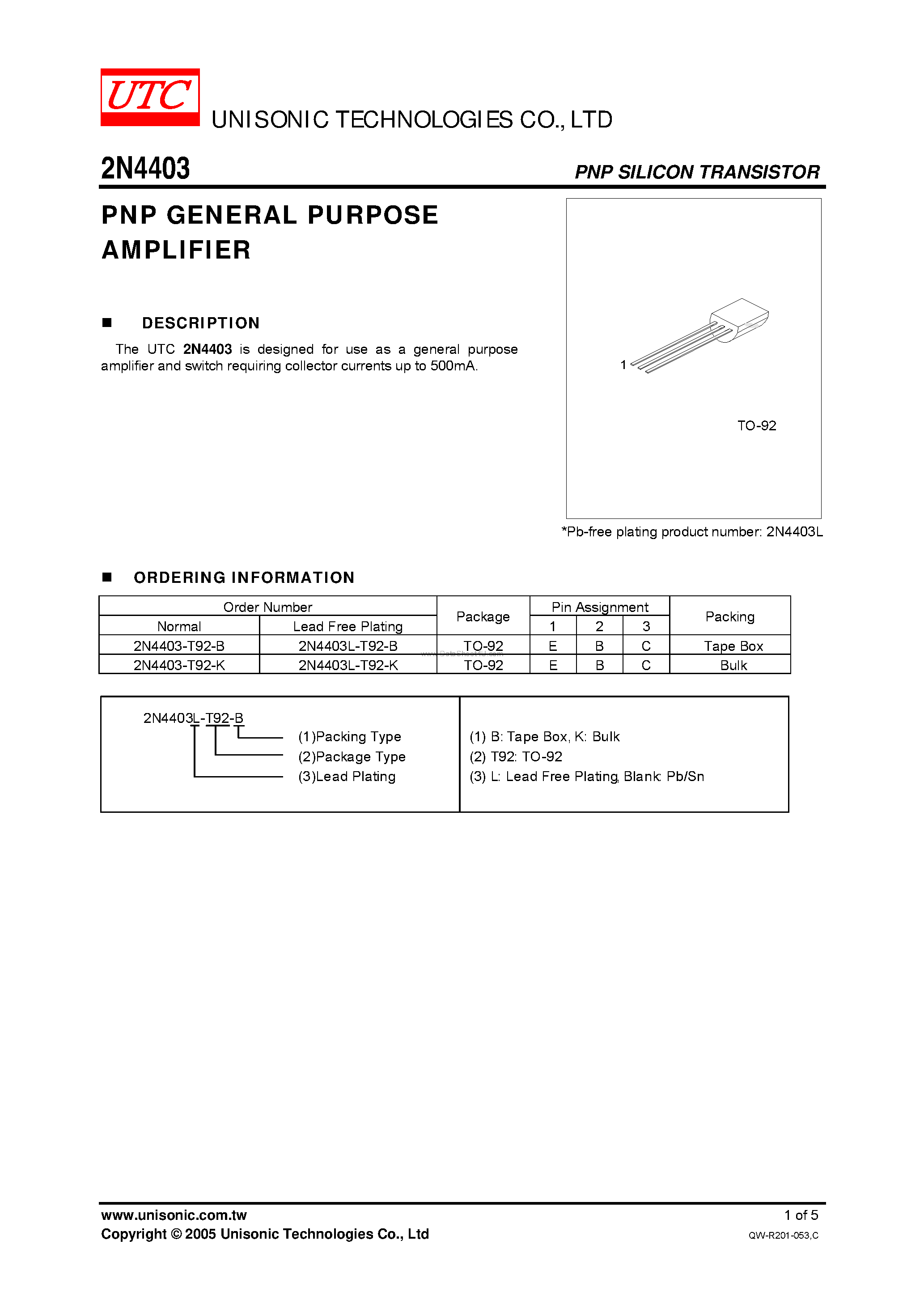 Datasheet 2N4403 - PNP GENERAL PURPOSE AMPLIFIER page 1