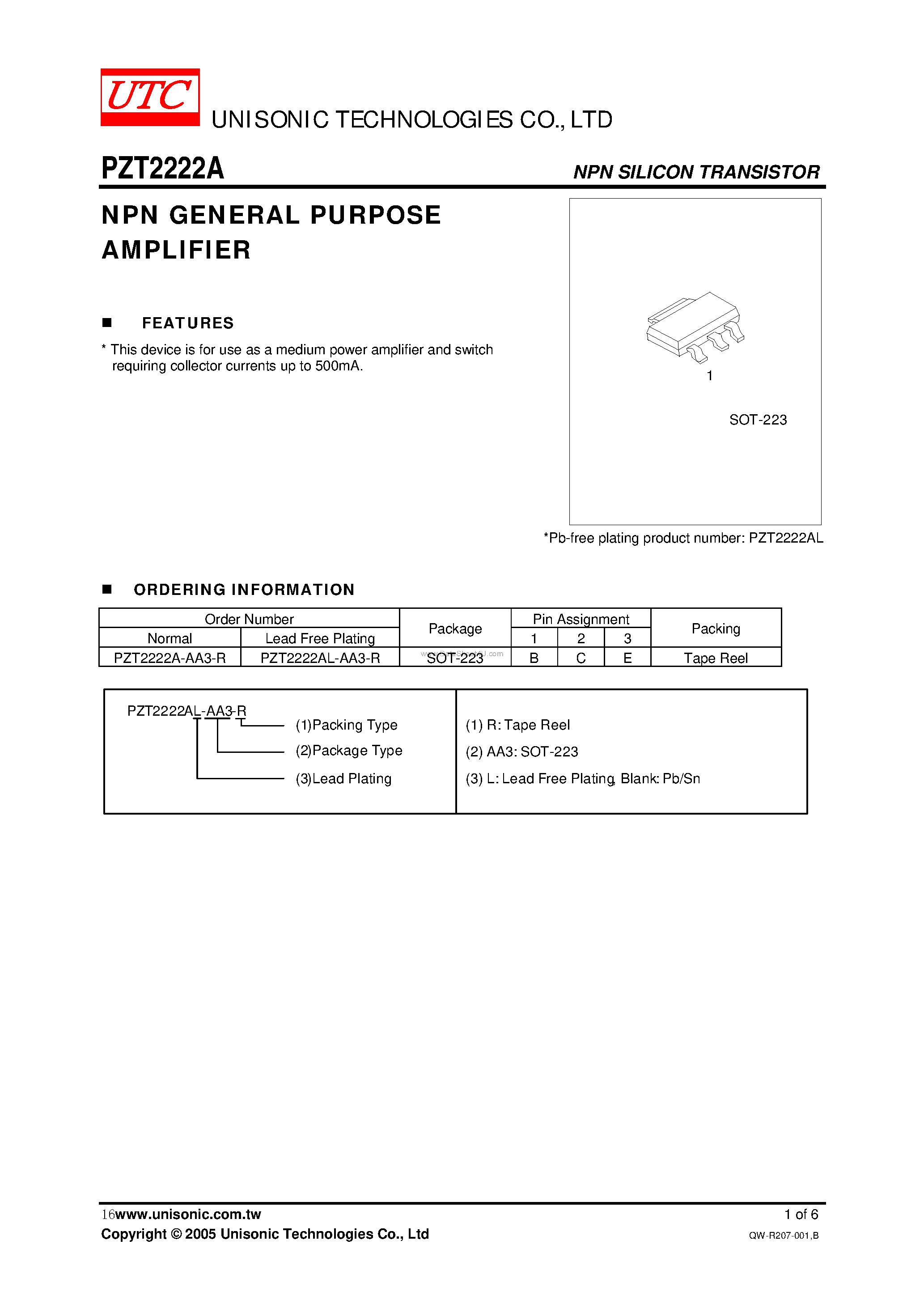 Datasheet PZT2222A - NPN GENERAL PURPOSE AMPLIFIER page 1