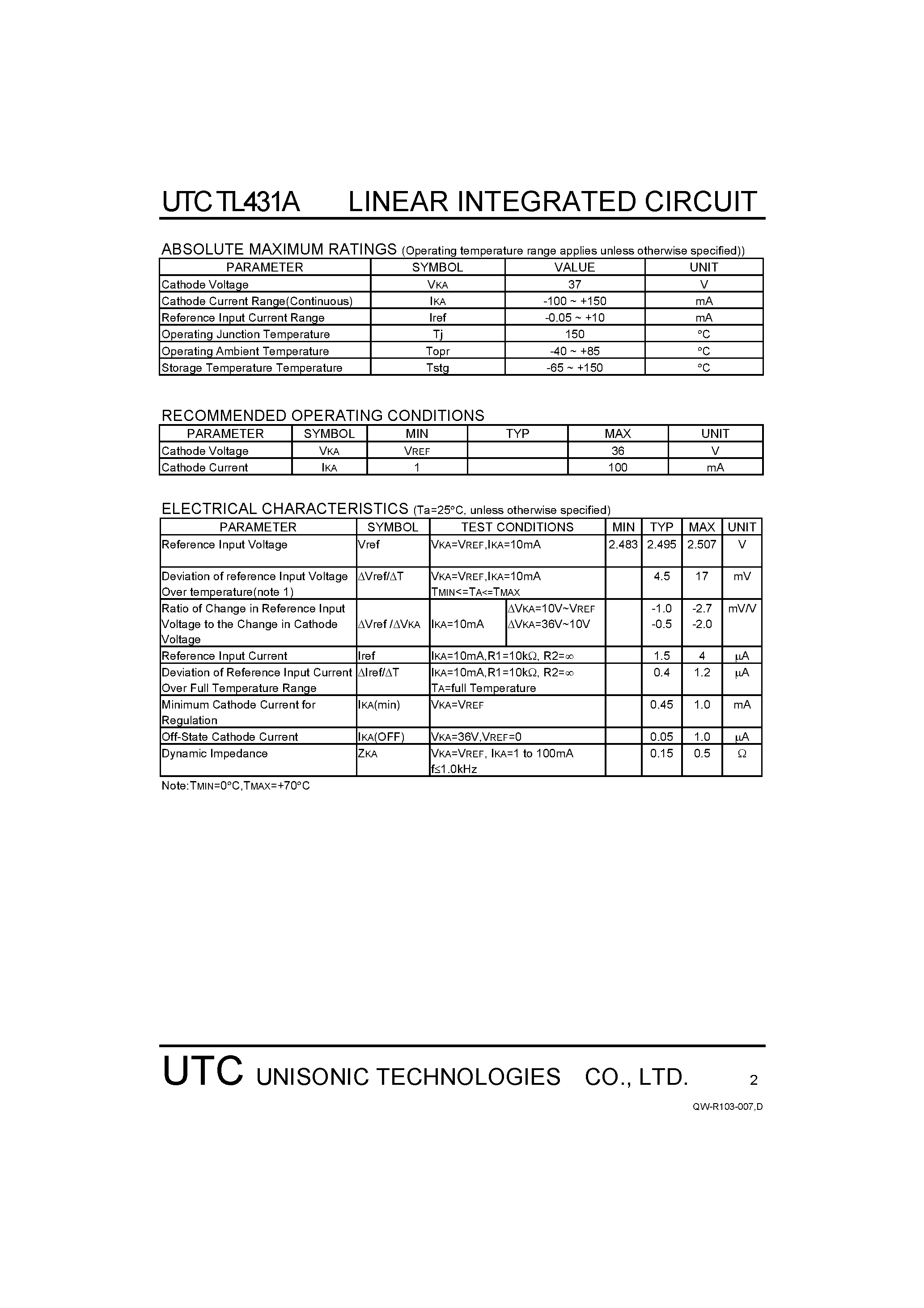 Datasheet TL431A - PROGRAMMABLE PRECISION REFERENCE page 2