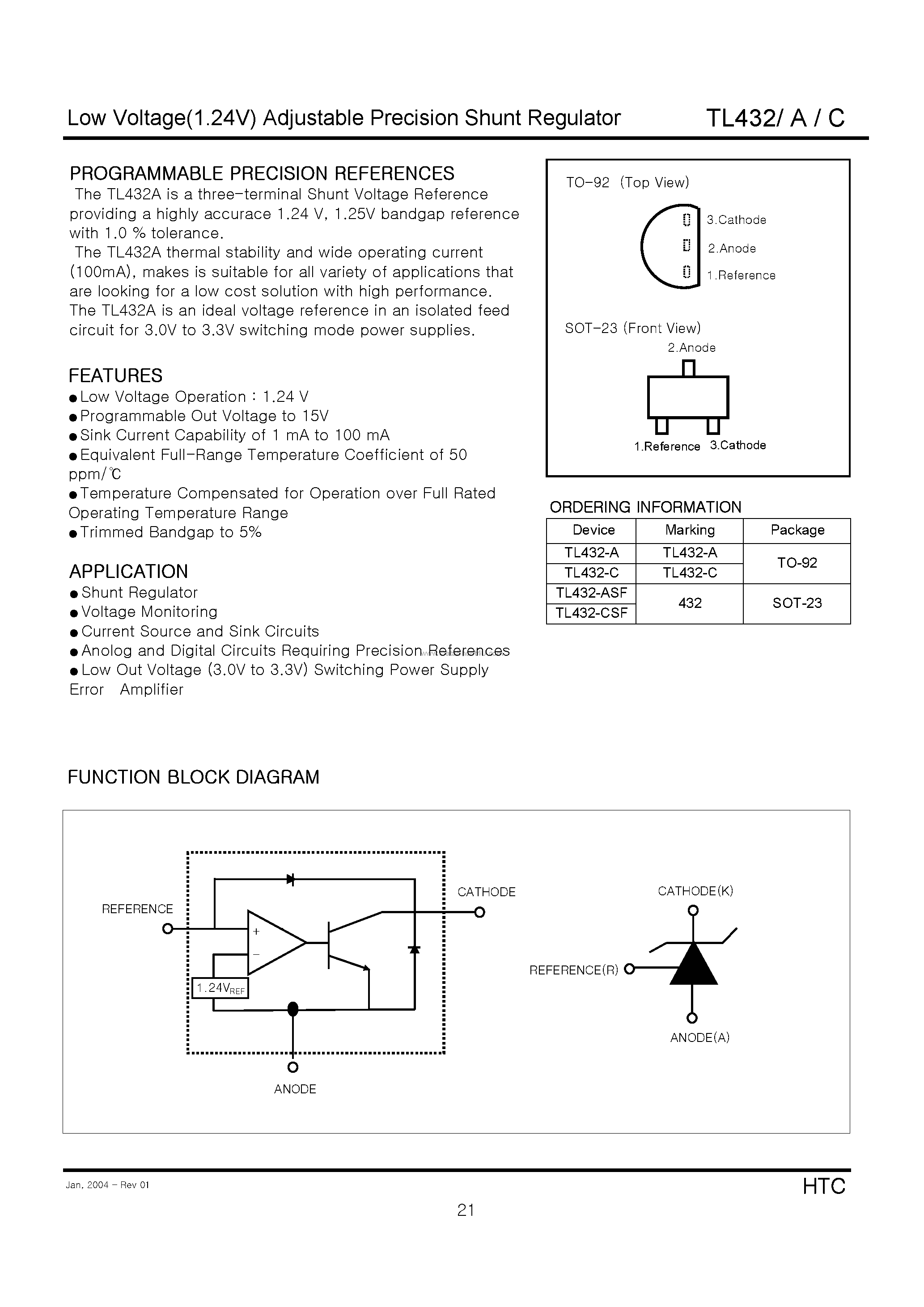 Даташит TL432 - (TL432x) Low Voltage(1.24V) Adjustable Precision Shunt Regulator страница 1