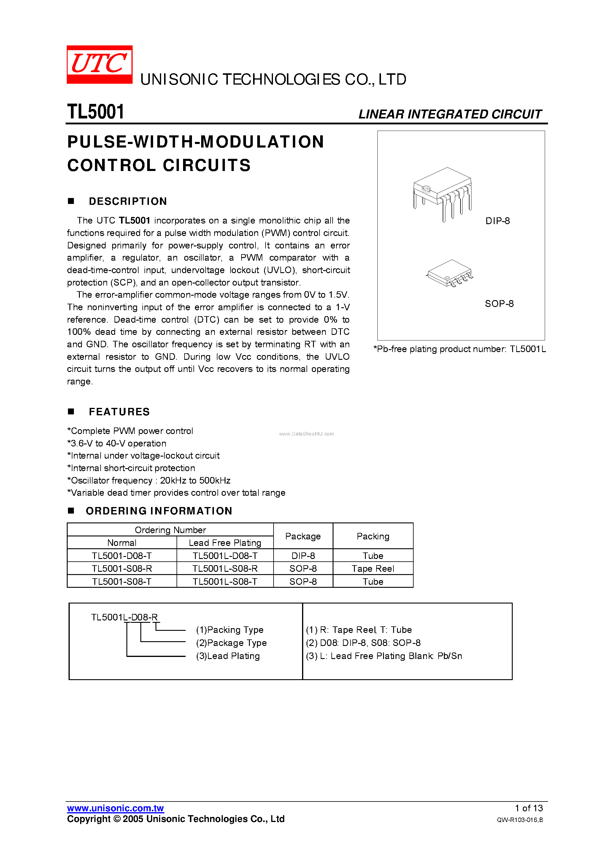 Datasheet TL5001 - PULSE-WIDTH-MODULATION CONTROL CIRCUITS page 1