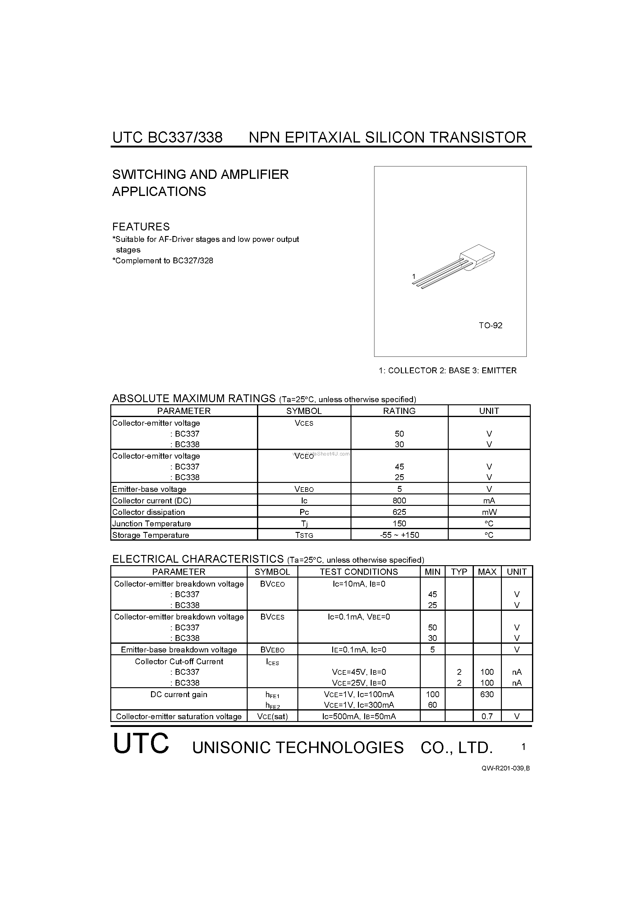 Datasheet BC337 - (BC337 / BC338) SWITCHING AND AMPLIFIER APPLICATIONS page 1