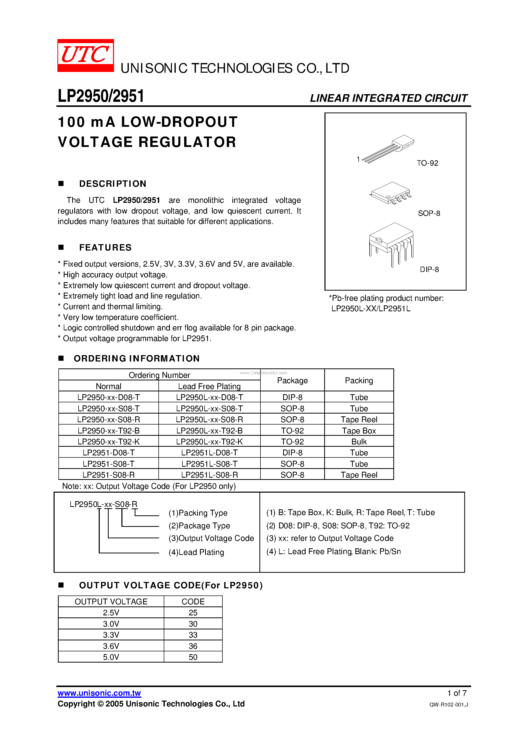 Datasheet LP2950 - (LP2950 / LP2951) LOW-DROPOUT VOLTAGE REGULATOR page 1
