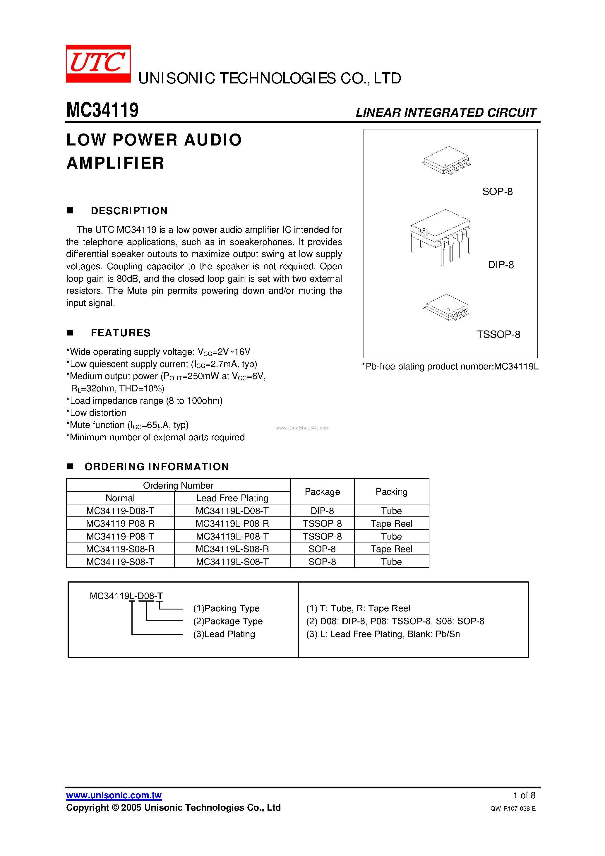 Даташит MC34119 - LOW POWER AUDIO AMPLIFIER страница 1