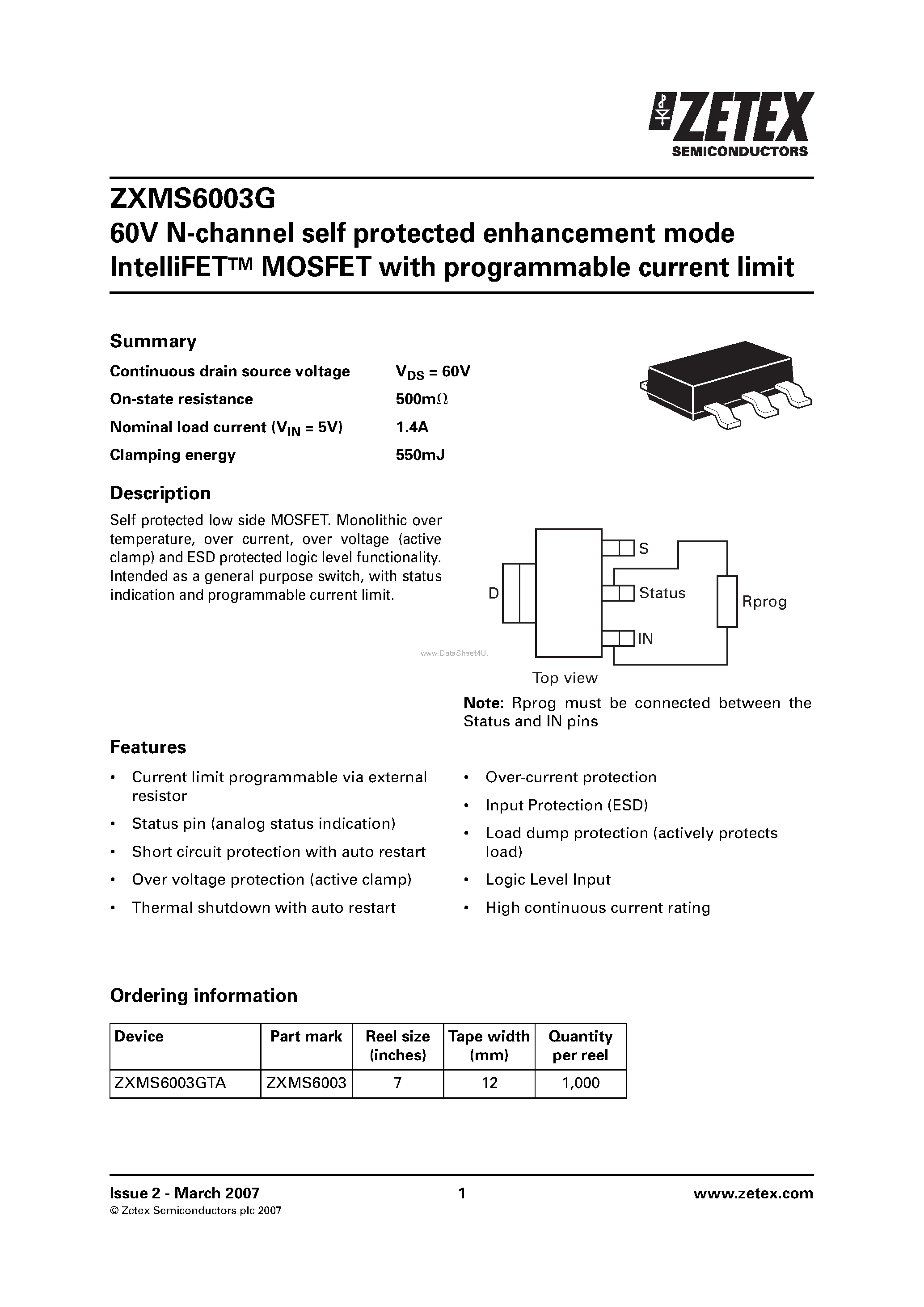 Datasheet ZXMS6003G - N-channel self protected enhancement mode IntelliFET MOSFET page 1
