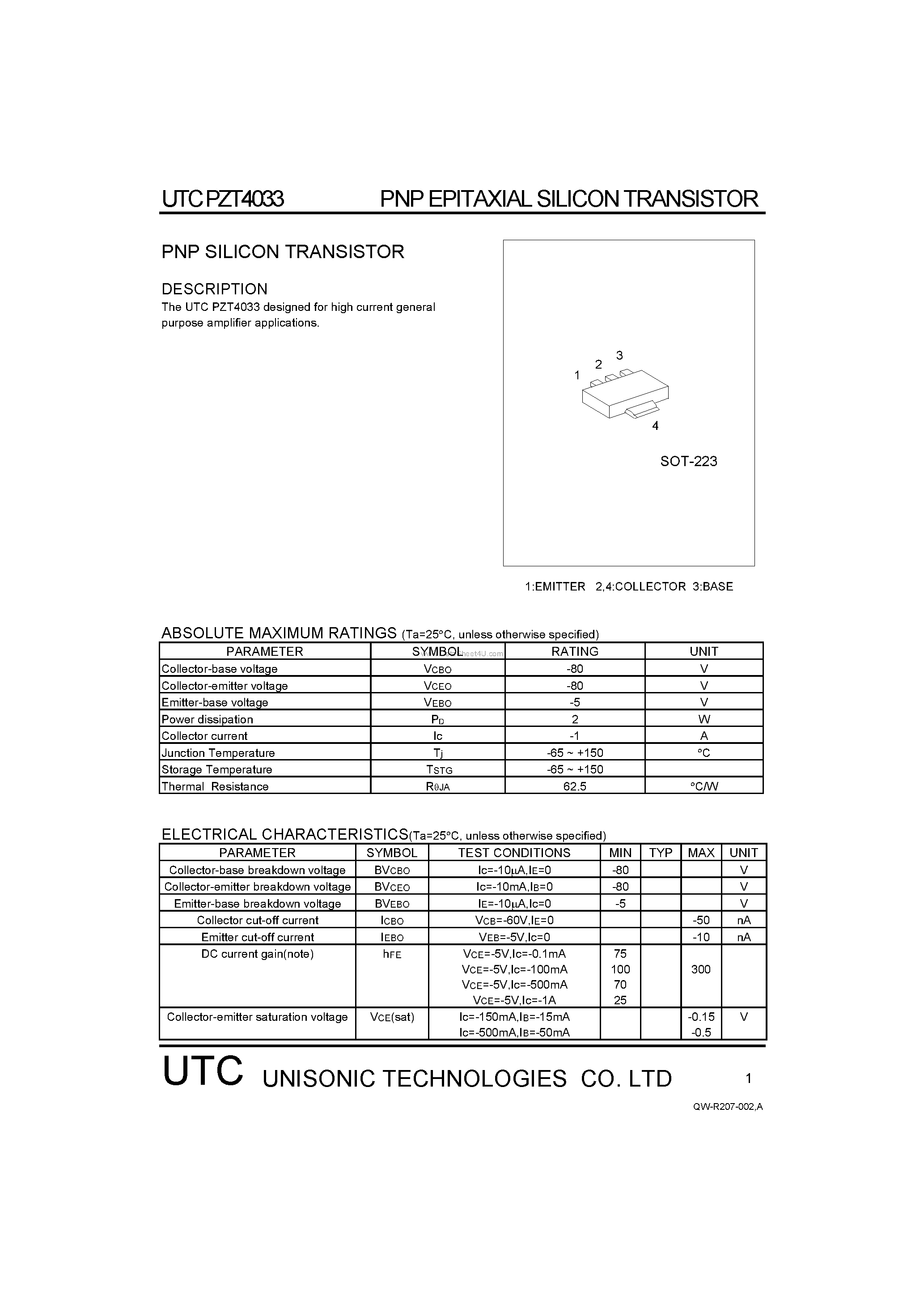 Datasheet PZT4033 - PNP SILICON TRANSISTOR page 1