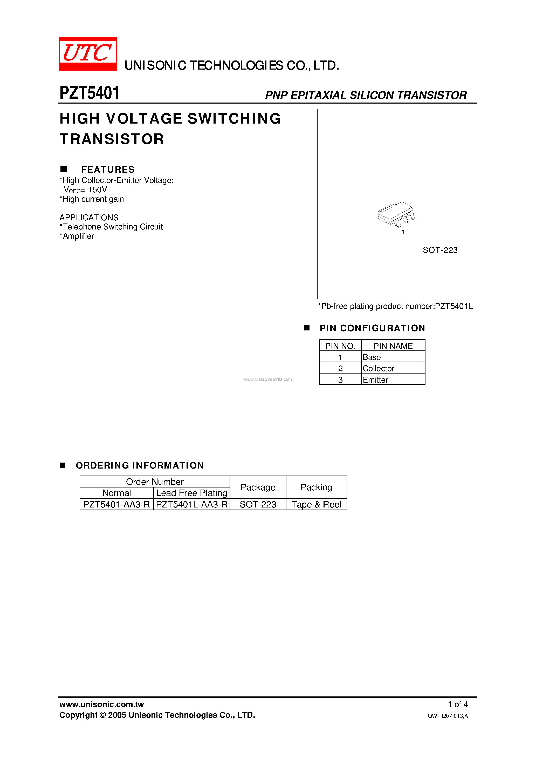 Datasheet PZT5401 - HIGH VOLTAGE SWITCHING TRANSISTOR page 1